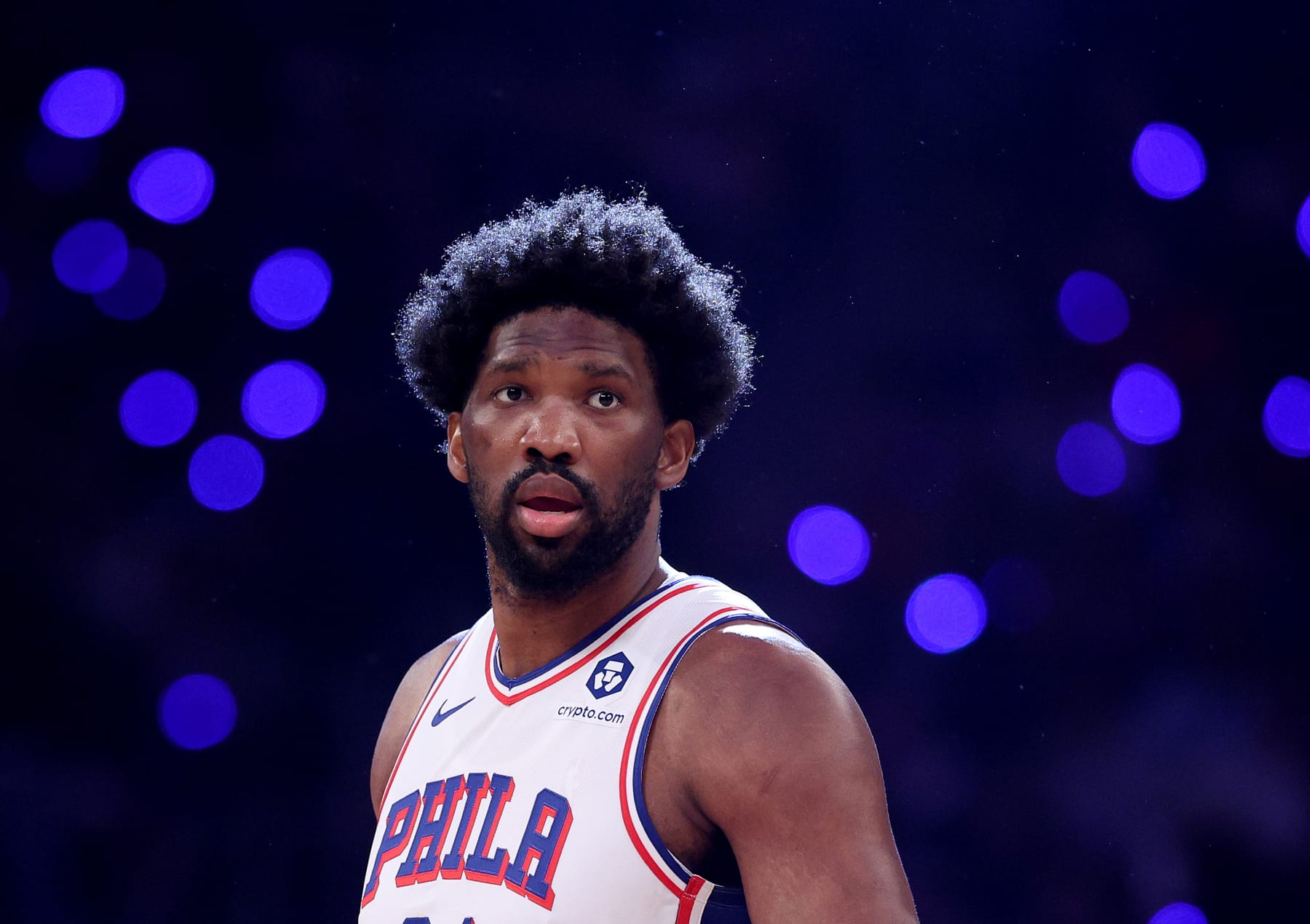 NEW YORK, NEW YORK - APRIL 30: Joel Embiid #21 of the Philadelphia 76ers looks on before the opening tipoff against the New York Knicks at Madison Square Garden on April 30, 2024 in New York City. NOTE TO USER: User expressly acknowledges and agrees that, by downloading and or using this photograph, User is consenting to the terms and conditions of the Getty Images License Agreement. (Photo by Elsa/Getty Images)