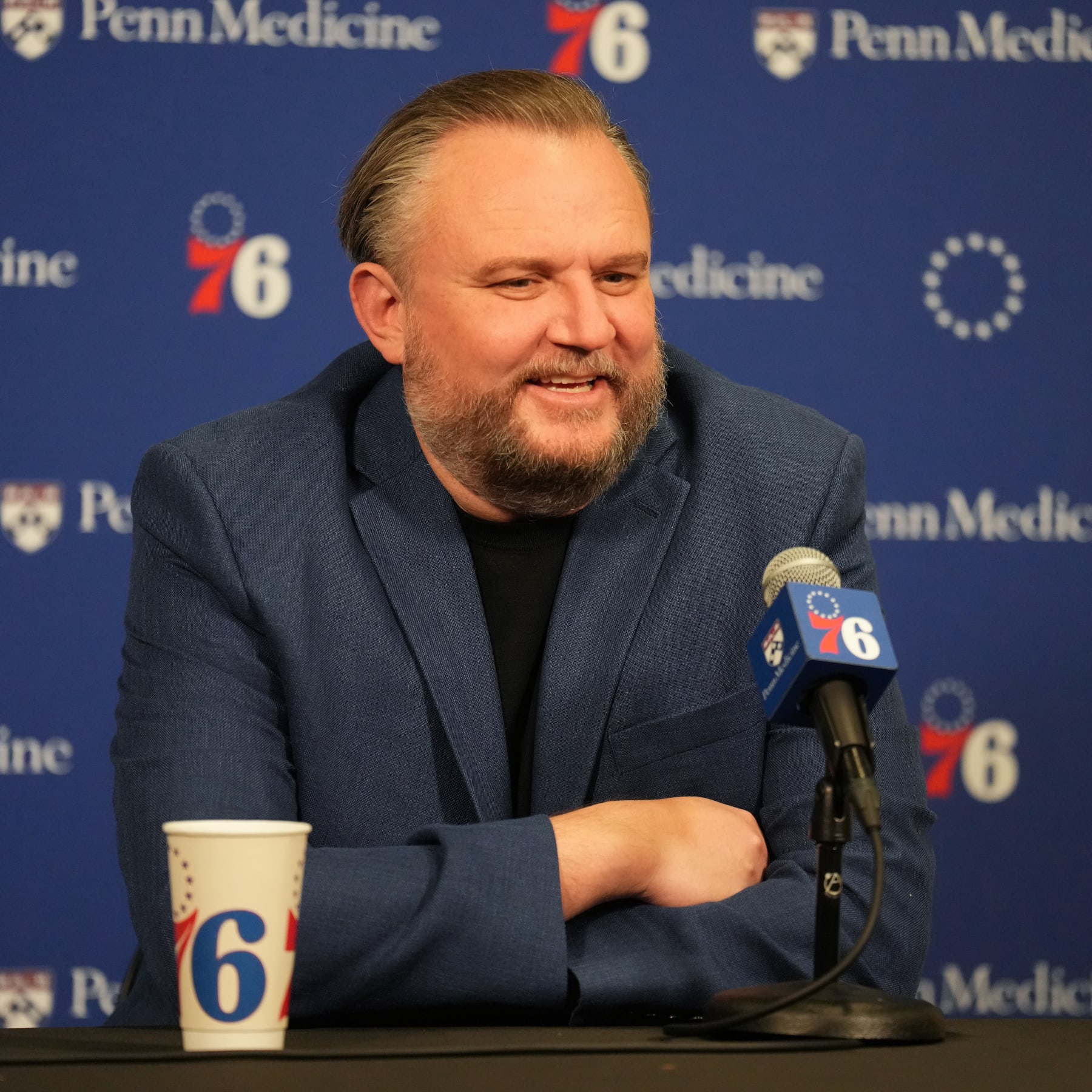 PHILADELPHIA, PA - DECEMBER 15: Daryl Morey talks to the media before the game between the Detroit Pistons and the Philadelphia 76ers on December 15, 2023 at the Wells Fargo Center in Philadelphia, Pennsylvania NOTE TO USER: User expressly acknowledges and agrees that, by downloading and/or using this Photograph, user is consenting to the terms and conditions of the Getty Images License Agreement. Mandatory Copyright Notice: Copyright 2023 NBAE (Photo by Jesse D. Garrabrant/NBAE via Getty Images)