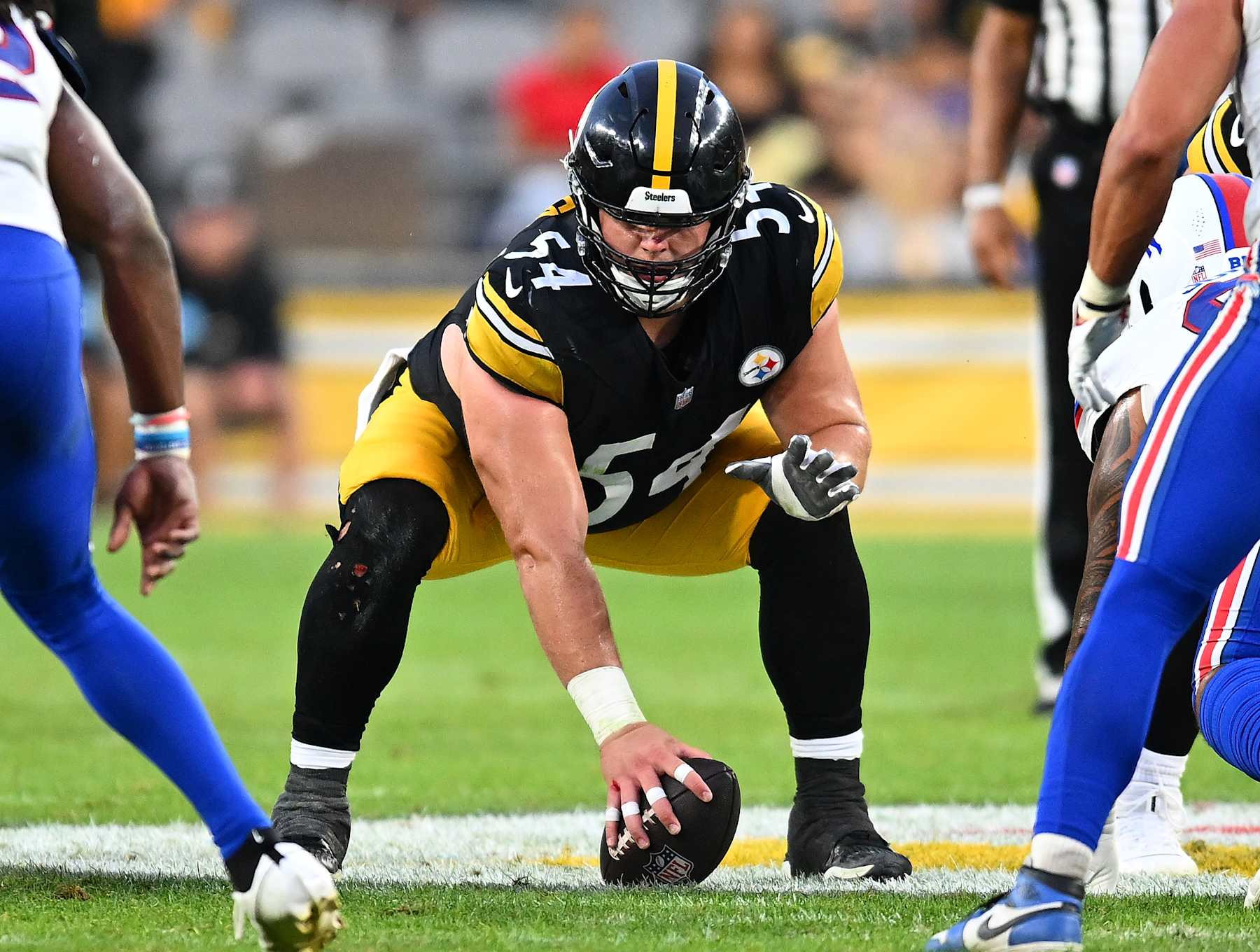 PITTSBURGH, PENNSYLVANIA - AUGUST 17:  Zach Frazier #54 of the Pittsburgh Steelers in action during the preseason game against the Buffalo Bills at Acrisure Stadium on August 17, 2024 in Pittsburgh, Pennsylvania. (Photo by Joe Sargent/Getty Images)