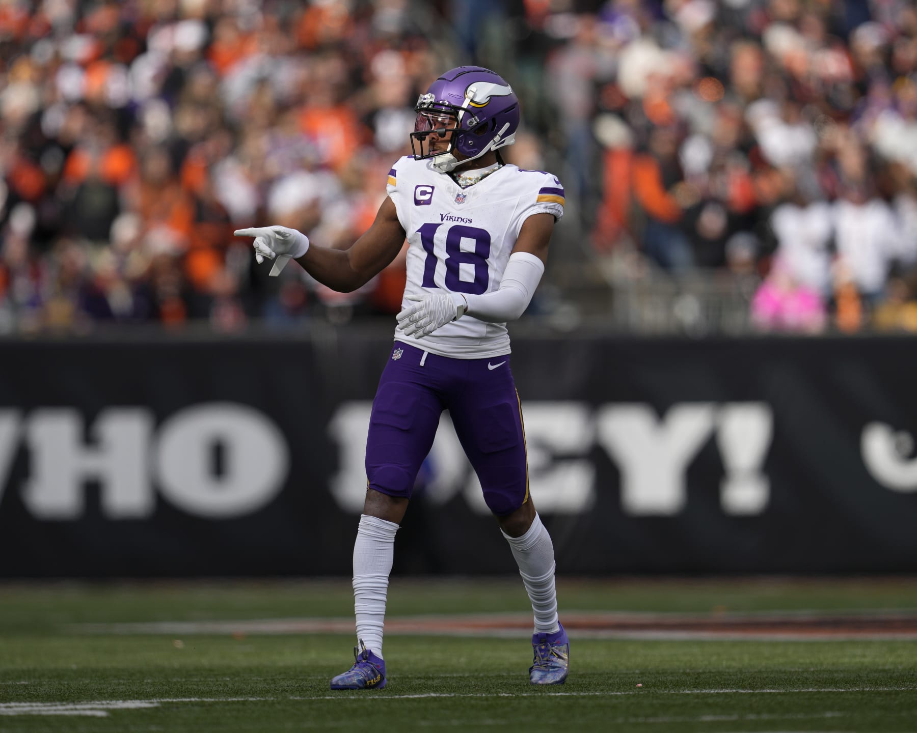 CINCINNATI, OHIO - DECEMBER 16: Justin Jefferson #18 of the Minnesota Vikings gestures during a NFL football game against the Cincinnati Bengals at Paycor Stadium on December 16, 2023 in Cincinnati, Ohio. (Photo by Jeff Dean/Getty Images)