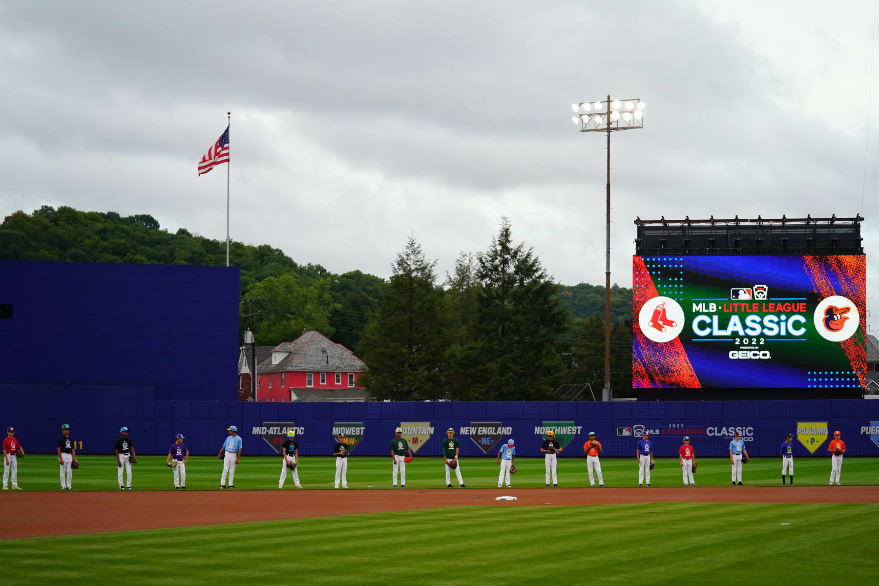 SOUTH WILLIAMSPORT, PA - AUGUST 21:  Participants from the 2022 Little League World Series are seen on the field during pre-game ceremony prior to the game between the Boston Red Sox and the Baltimore Orioles at Muncy Bank Park at Historic Bowman Field on Sunday, August 21, 2022 in South Williamsport, Pennsylvania. (Photo by Daniel Shirey/MLB Photos via Getty Images)