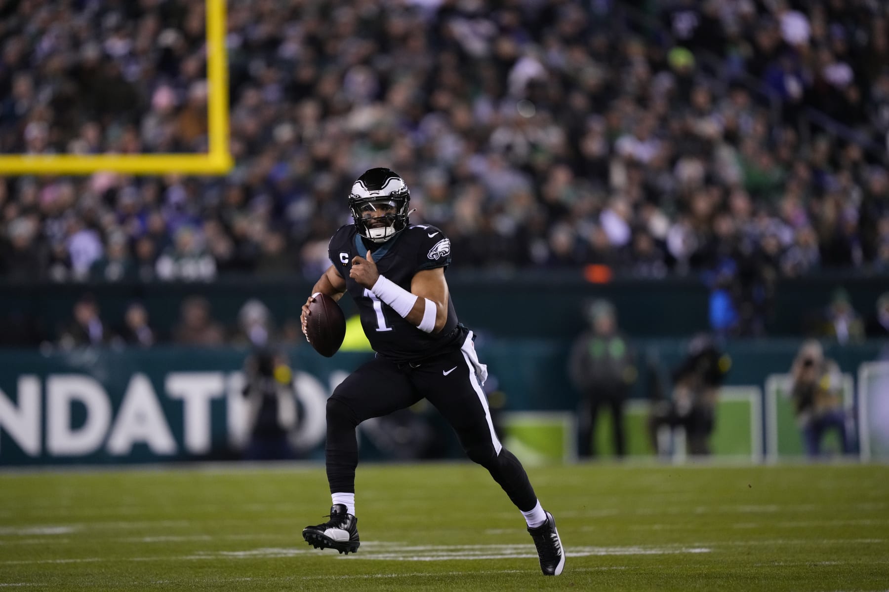 Philadelphia Eagles quarterback Jalen Hurts (1) in action during an NFL football game, Sunday, Jan. 8, 2023, in Philadelphia. (AP Photo/Matt Rourke)