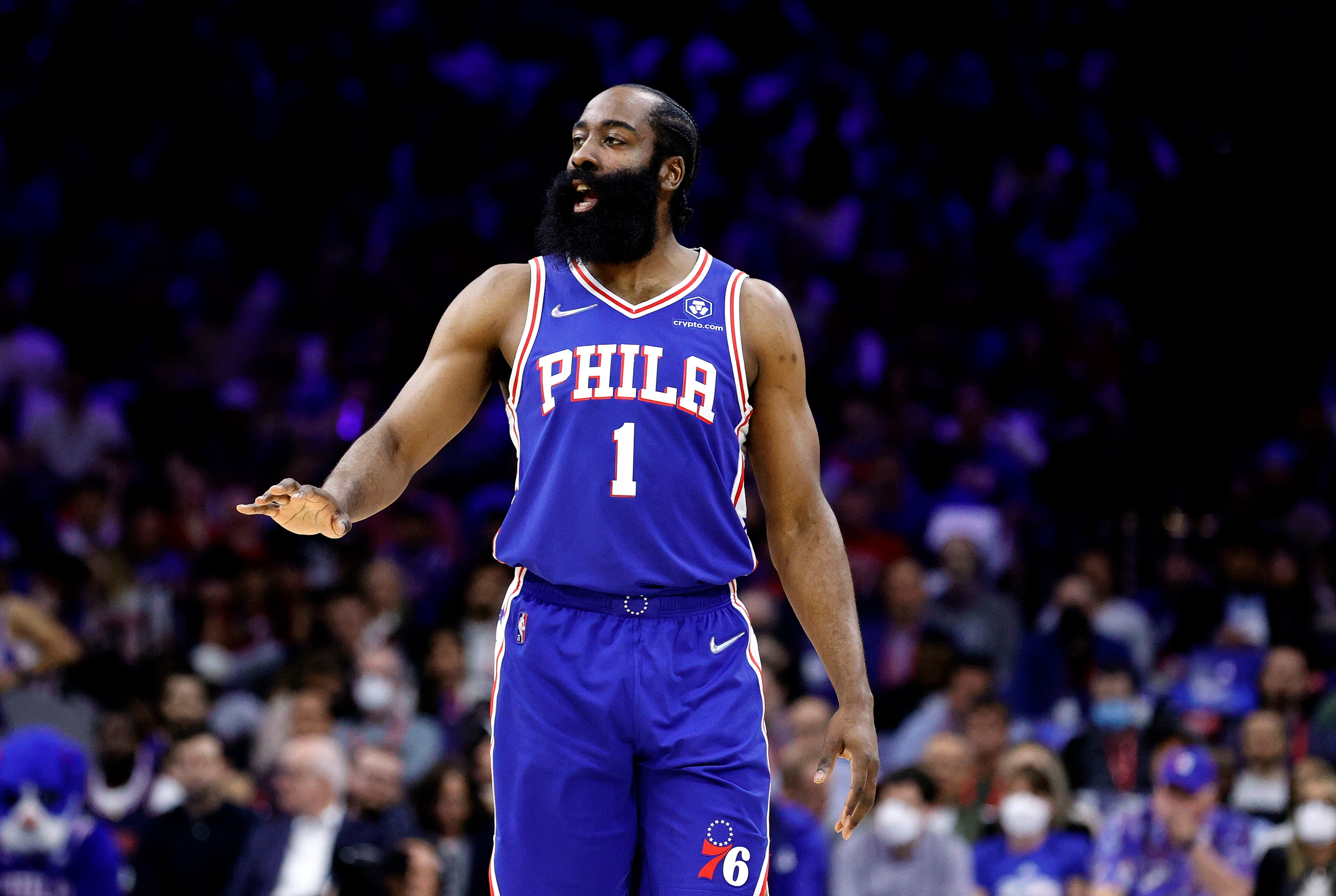 PHILADELPHIA, PENNSYLVANIA - MAY 12:  James Harden #1 of the Philadelphia 76ers in Game Six of the 2022 NBA Playoffs Eastern Conference Semifinals at Wells Fargo Center on May 12, 2022 in Philadelphia, Pennsylvania. NOTE TO USER: User expressly acknowledges and agrees that, by downloading and/or using this photograph, User is consenting to the terms and conditions of the Getty Images License Agreement. (Photo by Tim Nwachukwu/Getty Images)
