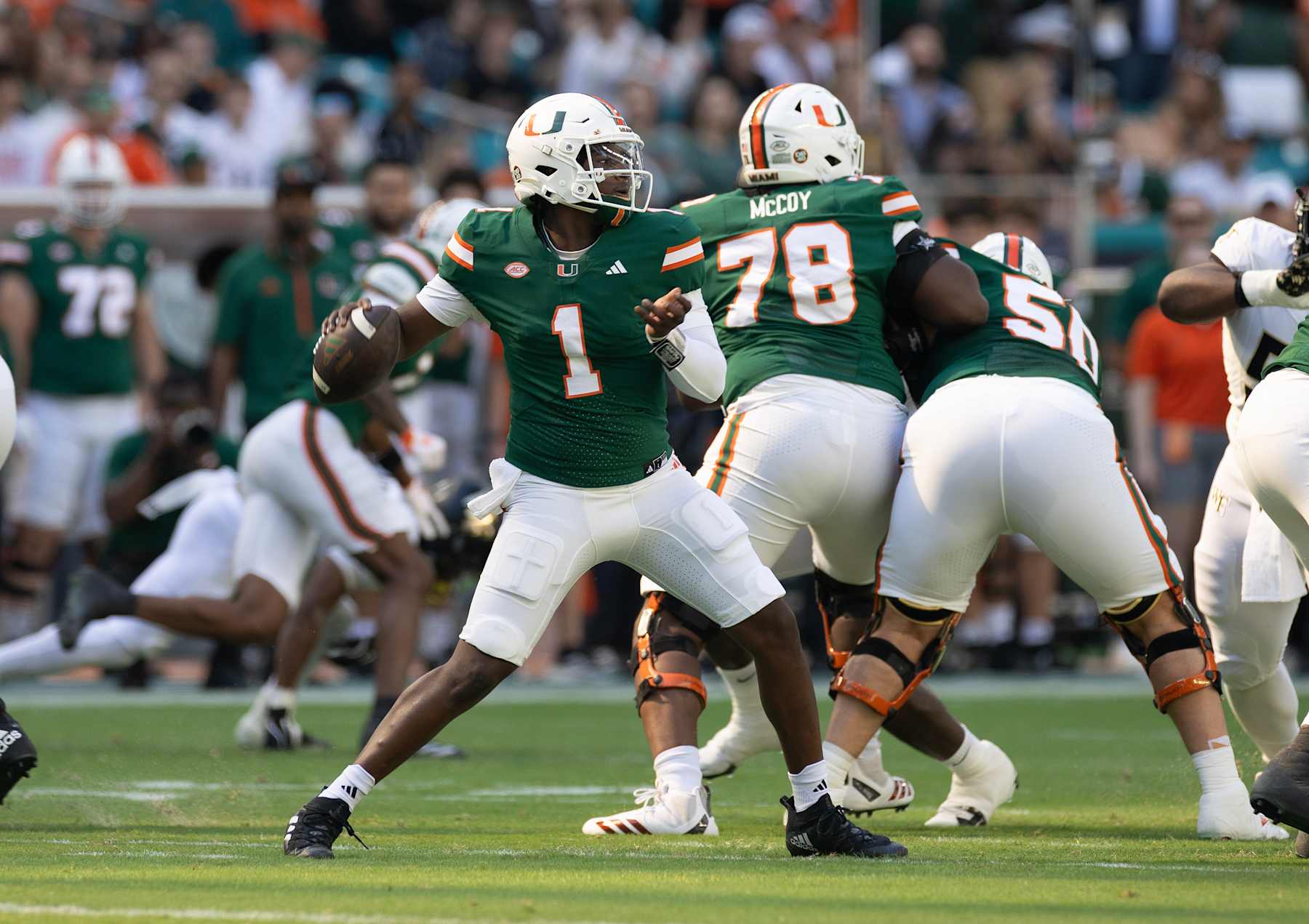 MIAMI GARDENS, FLORIDA - NOVEMBER 23: Cam Ward #1 of Miami Hurricanes throws the ball against Wake Forest at Hard Rock Stadium on November 23, 2024 in Miami Gardens, Florida. (Photo by Michael Pimentel/ISI Photos/Getty Images)