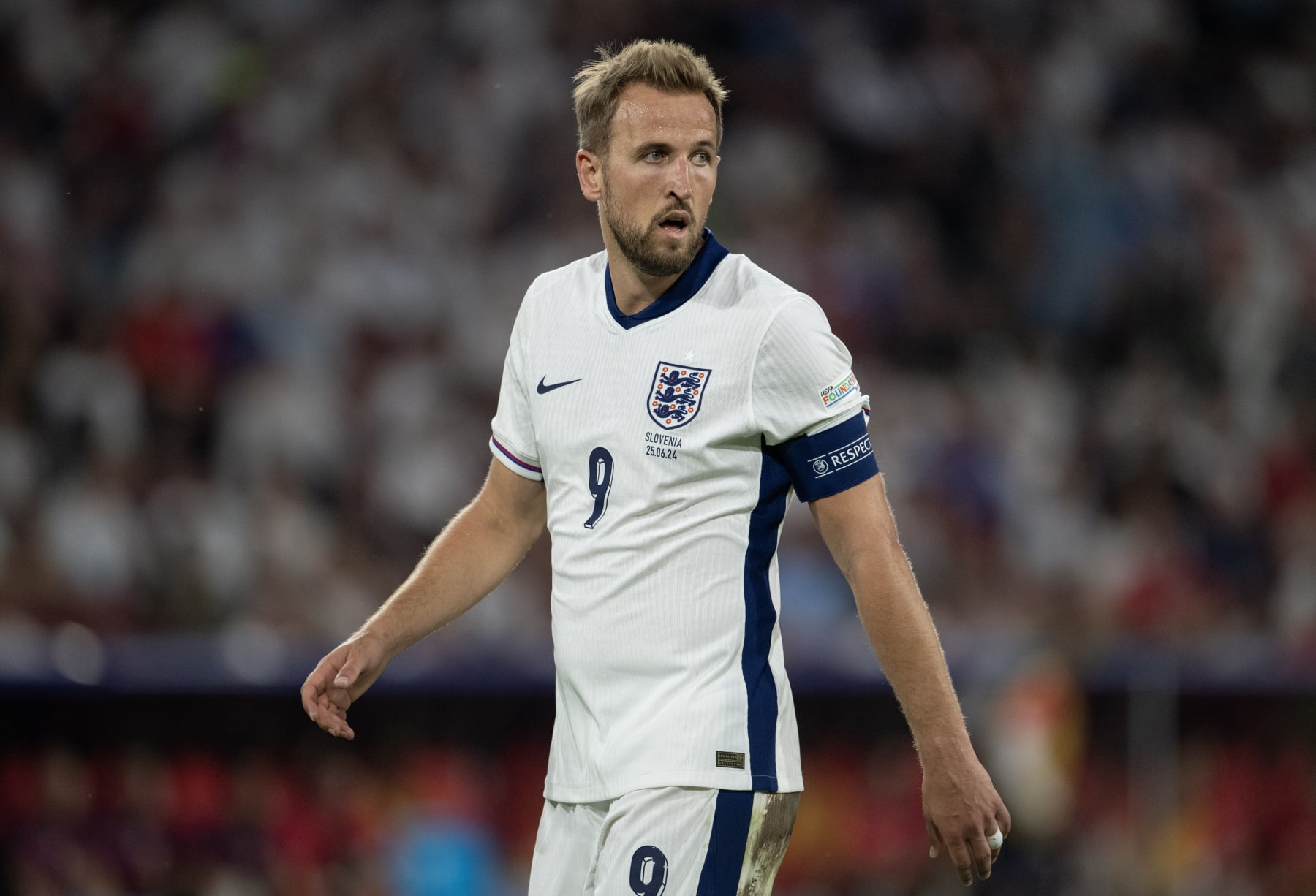 COLOGNE, GERMANY - JUNE 25: Harry Kane of England looks on during the UEFA EURO 2024 group stage match between England and Slovenia at Cologne Stadium on June 25, 2024 in Cologne, Germany. (Photo by Joe Prior/Visionhaus via Getty Images)