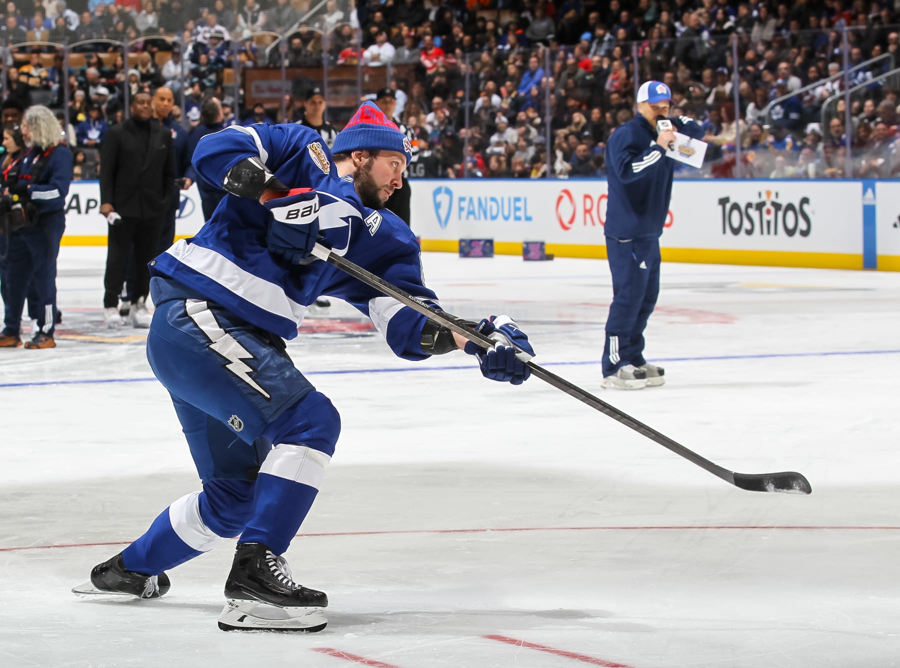 TORONTO, ONTARIO - FEBRUARY 02: Nikita Kucherov #86 of the Tampa Bay Lightning competes in the competes in the Tim Hortons NHL One Timers during 2024 NHL All-Star Skills Competition at Scotiabank Arena on February 02, 2024 in Toronto, Ontario. (Photo by Claus Andersen/Getty Images)