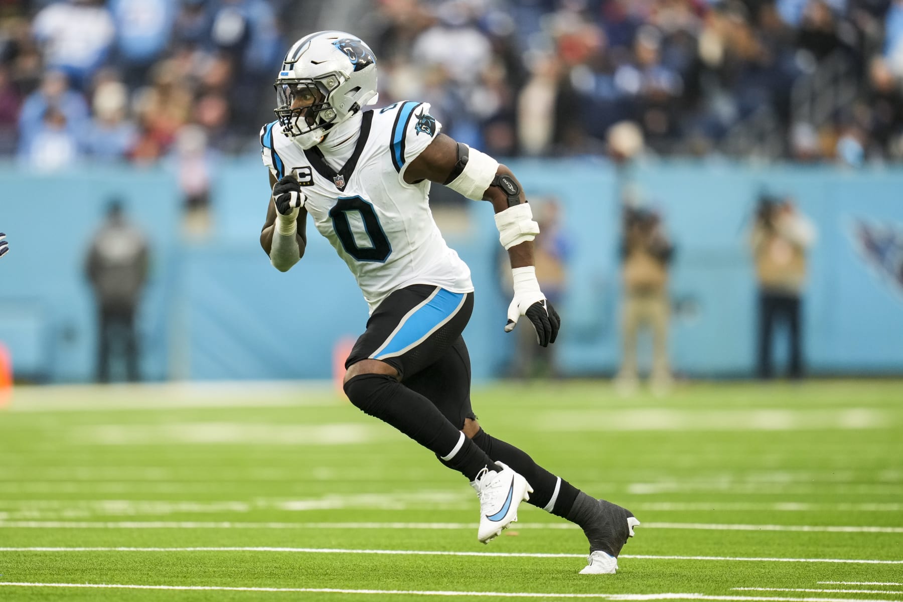 NASHVILLE, TENNESSEE - NOVEMBER 26: Brian Burns #0 of the Carolina Panthers runs during a play in an NFL game against the Tennessee Titans at Nissan Stadium on November 26, 2023 in Nashville, Tennessee. (Photo by Kara Durrette/Getty Images)
