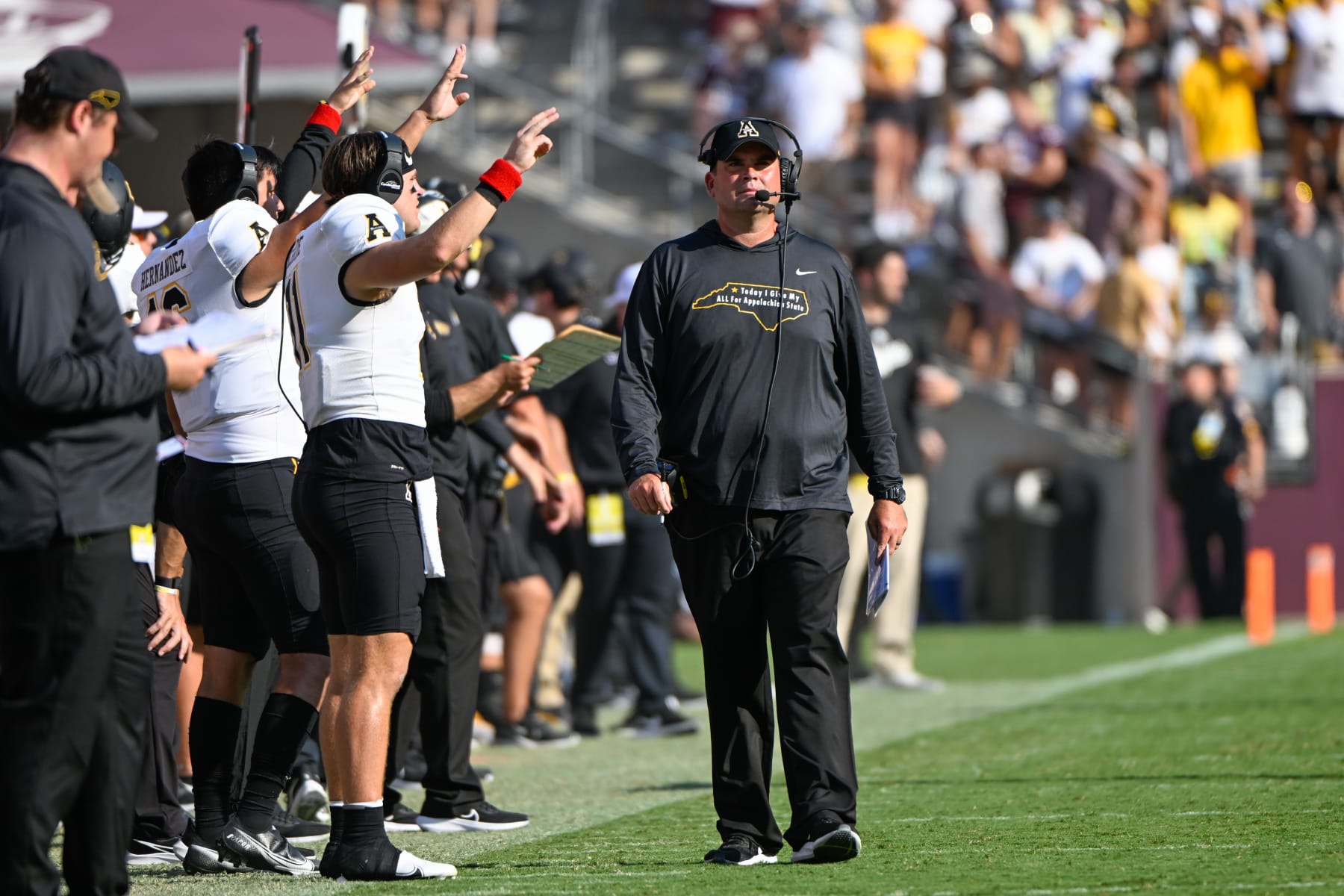 COLLEGE STATION, TX - SEPTEMBER 10: Appalachian State Mountaineers head coach Shawn Clark looks on from the sideline during the football game between the Appalachian State Mountaineers and Texas A&M Aggies at Kyle Field on September 10, 2022 in College Station, Texas. (Photo by Ken Murray/Icon Sportswire via Getty Images)