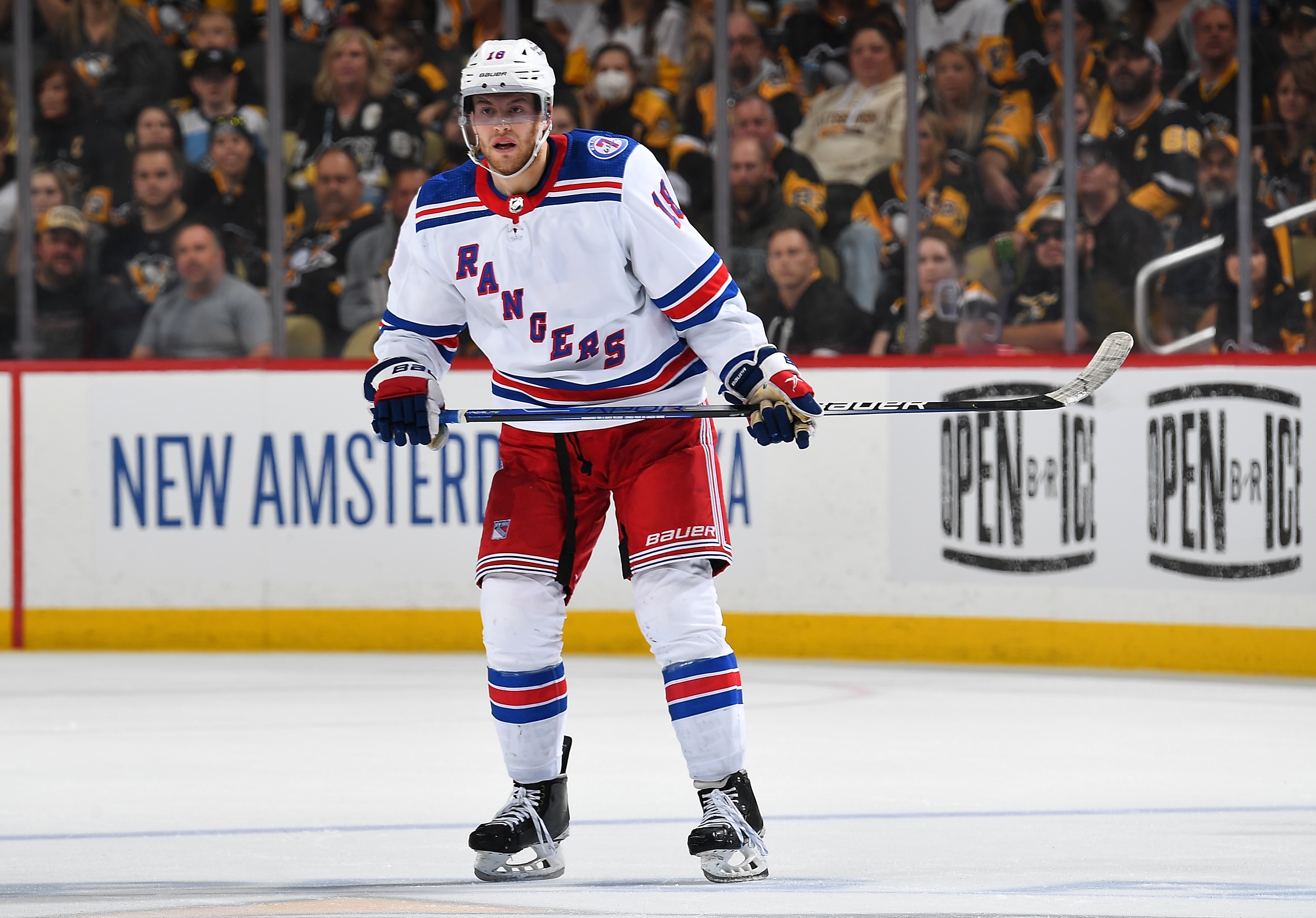 PITTSBURGH, PA - MAY 13:  Andrew Copp #18 of the New York Rangers skates against the Pittsburgh Penguins in Game Six of the First Round of the 2022 Stanley Cup Playoffs at PPG PAINTS Arena on May 13, 2022 in Pittsburgh, Pennsylvania. (Photo by Joe Sargent/NHLI via Getty Images)
