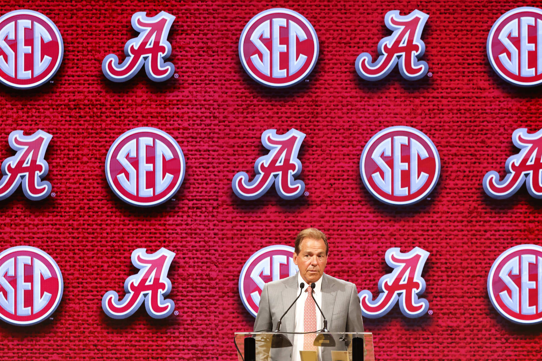 NASHVILLE, TN - JULY 19: Alabama Crimson Tide head coach Nick Saban during Southeastern Conference Football Kickoff Media Day, July 19, 2023 at the Grand Hyatt Nashville in Nashville, Tennessee. (Photo by Matthew Maxey/Icon Sportswire via Getty Images)