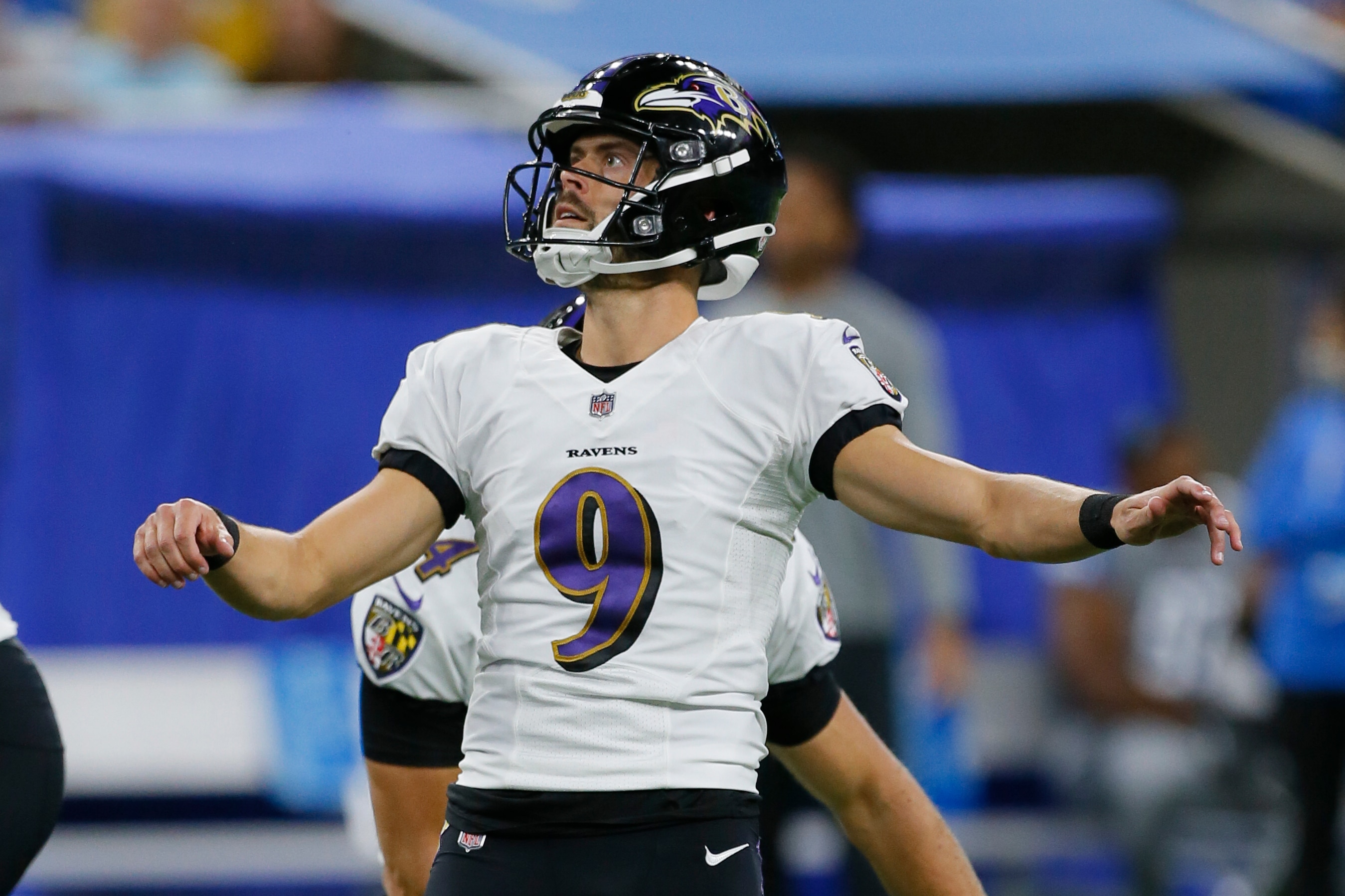 Baltimore Ravens kicker Justin Tucker (9) watches as his field goal attempt misses against the Detroit Lions in the first half of an NFL football game in Detroit, Sunday, Sept. 26, 2021. (AP Photo/Duane Burleson)