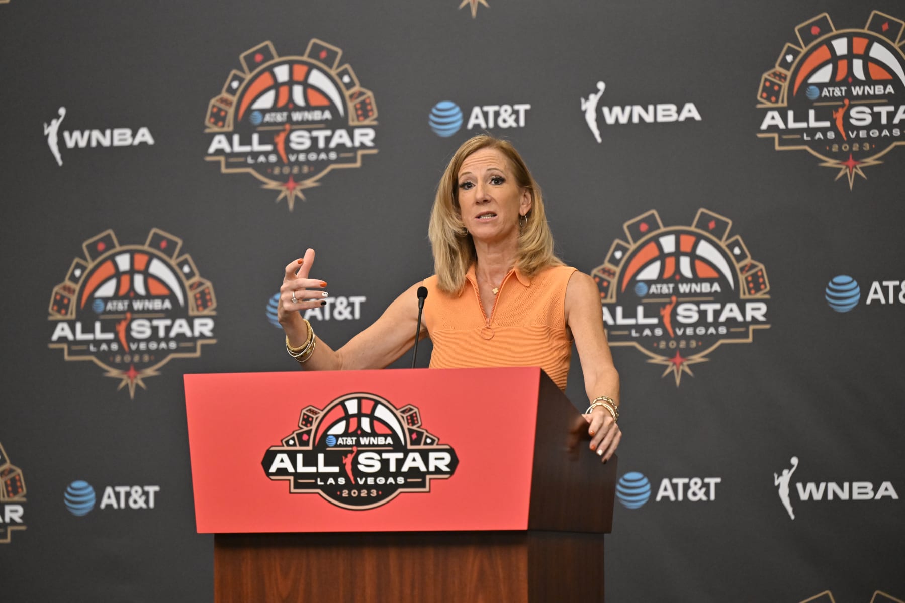LAS VEGAS, NV - JULY 15: Cathy Engelbert Commissioner of the WNBA addresses the media before the 2023 WNBA All-Star Game on July 15, 2023 at Michelob ULTRA Arena in Las Vegas, Nevada. NOTE TO USER: User expressly acknowledges and agrees that, by downloading and or using this photograph, User is consenting to the terms and conditions of the Getty Images License Agreement. Mandatory Copyright Notice: Copyright 2023 NBAE (Photo by David Becker/NBAE via Getty Images)