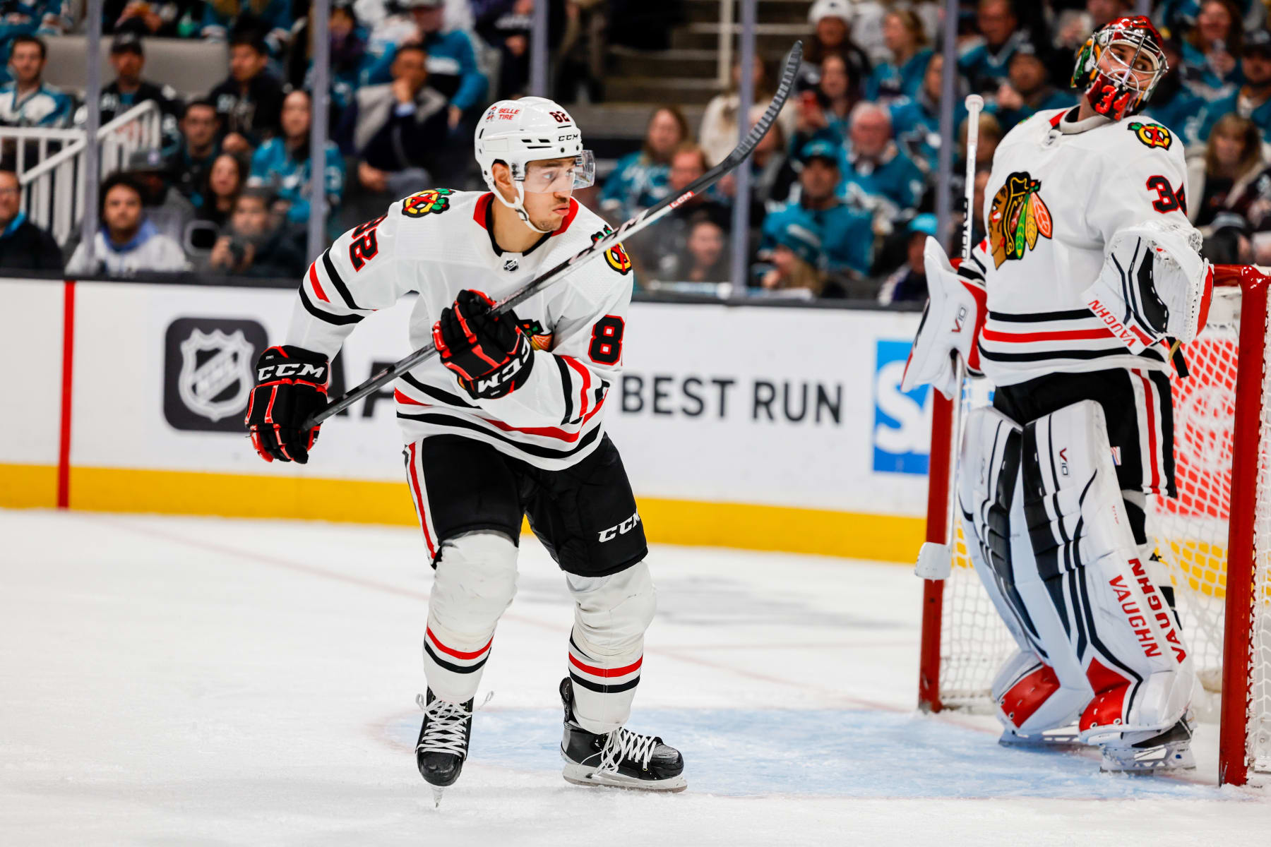 SAN JOSE, CA - FEBRUARY 25: Chicago Blackhawks Defenceman Jack Johnson (8) looks for the puck during the NHL professional mens hockey game between the Chicago Blackhawks and San Jose Sharks on February 25, 2023 at the SAP Center in San Jose, CA. (Photo by Bob Kupbens/Icon Sportswire via Getty Images)