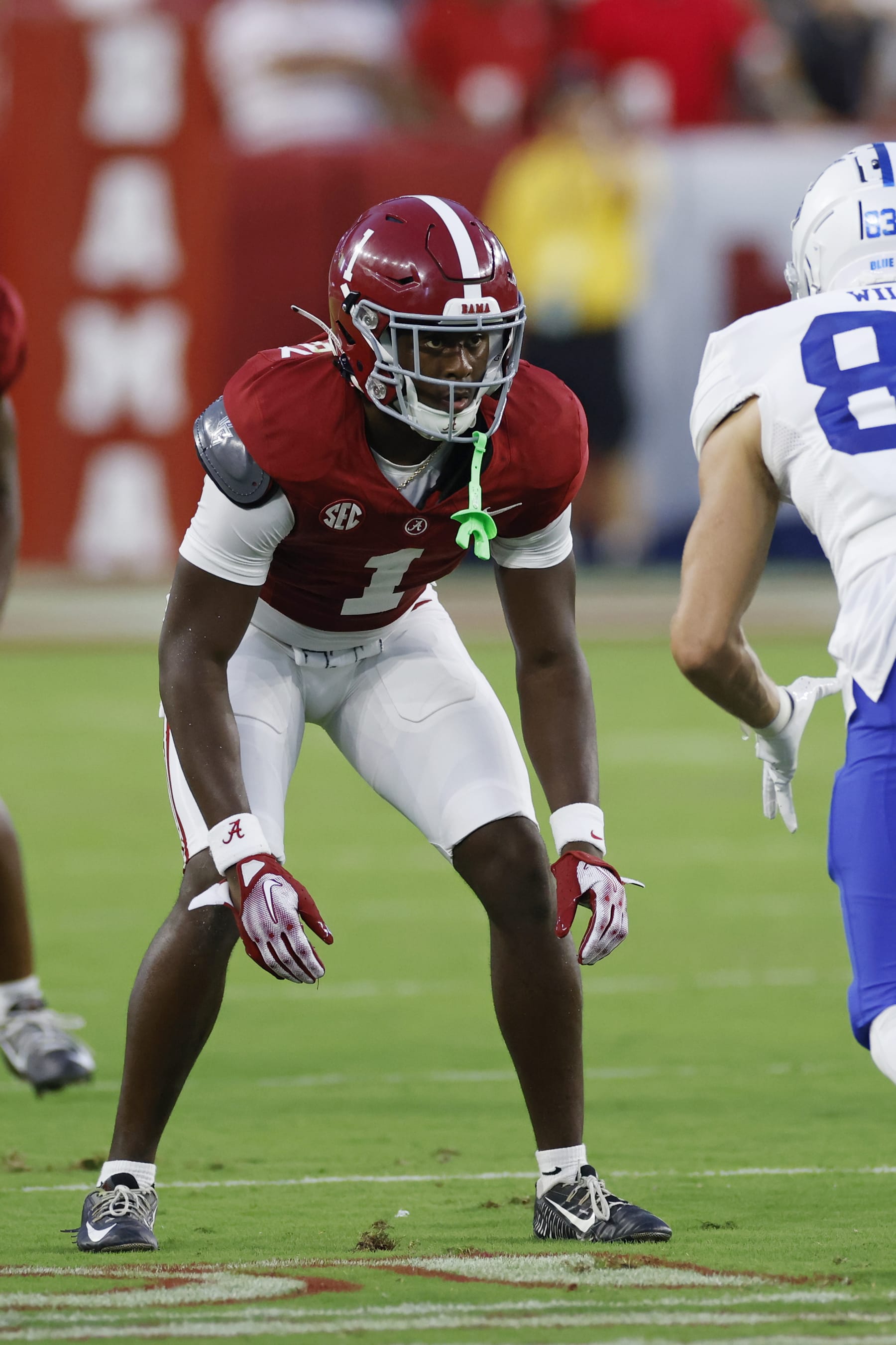 TUSCALOOSA, AL - SEPTEMBER 02: Alabama Crimson Tide defensive back Kool-Aid McKinstry (1) lines up on defense during a college football game against the Middle Tennessee Blue Raiders on September 02, 2023 at Bryant-Denny Stadium in Tuscaloosa, Alabama. (Photo by Joe Robbins/Icon Sportswire via Getty Images)