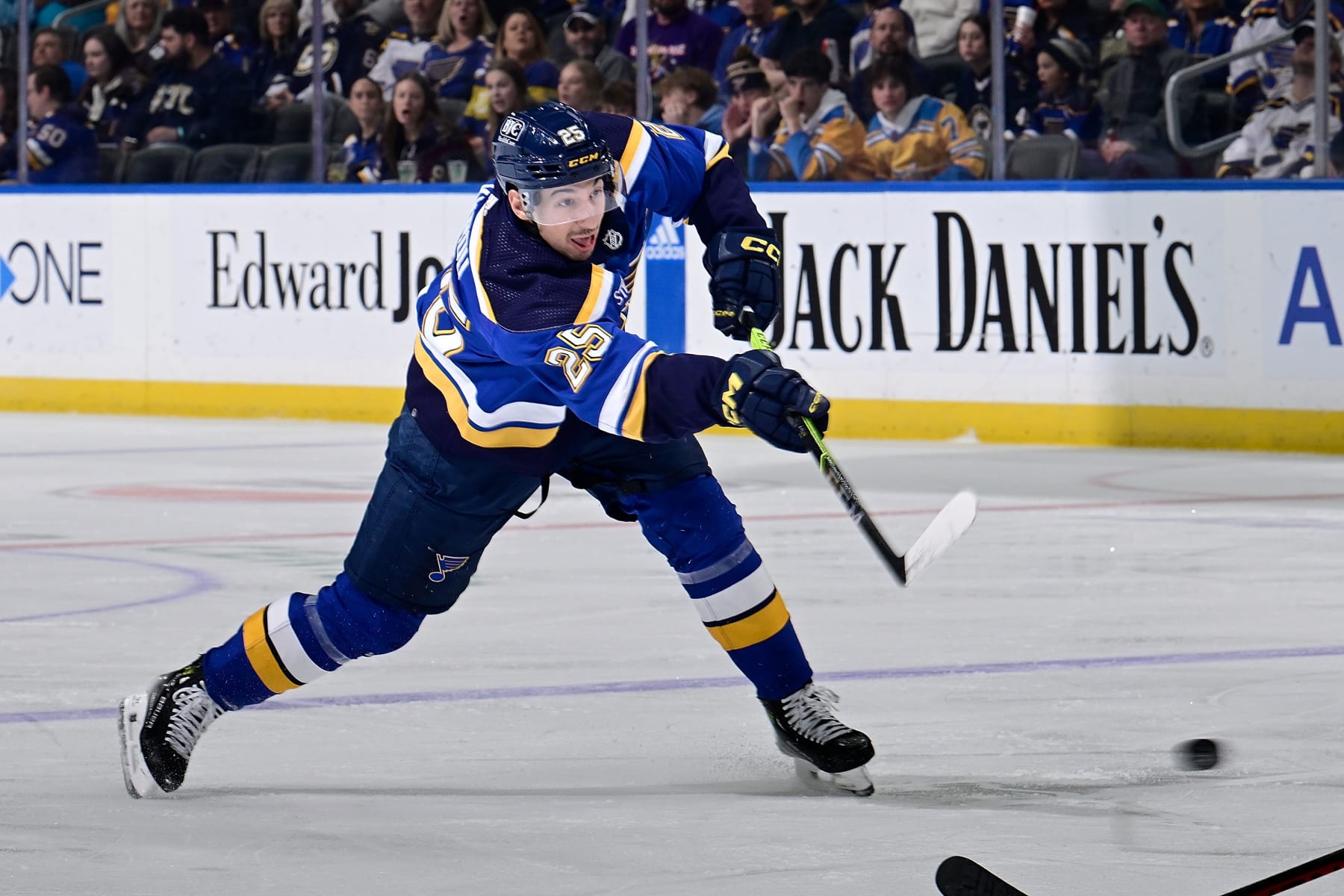 ST. LOUIS, MO - APRIL 12: Jordan Kyrou #25 of the St. Louis Blues takes a shot against the Carolina Hurricanes on April 12, 2024 at the Enterprise Center in St. Louis, Missouri. (Photo by Scott Rovak/NHLI via Getty Images)