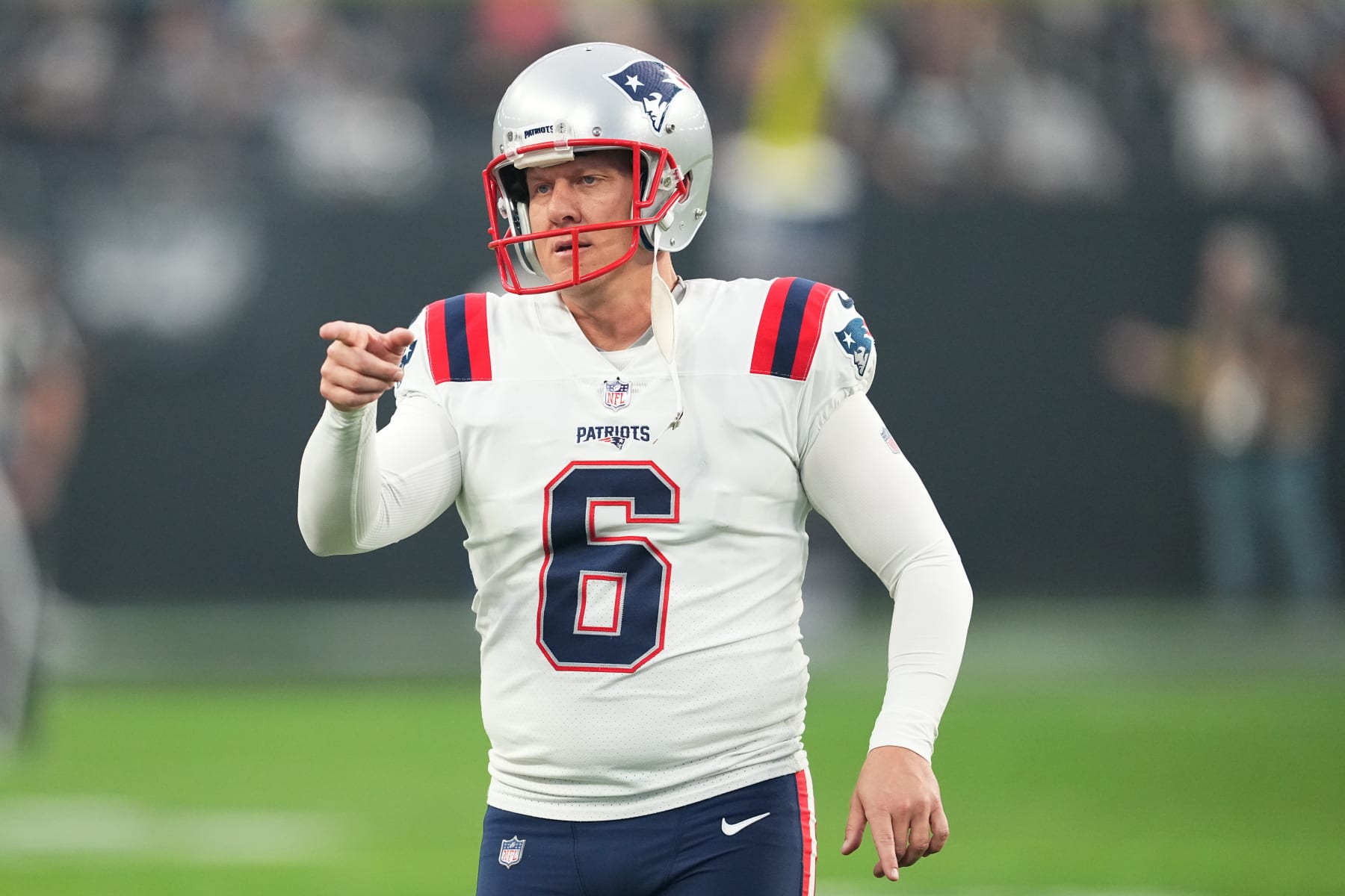 LAS VEGAS, NEVADA - DECEMBER 18:  Place kicker Nick Folk #6 of the New England Patriots runs to the sideline during the second half of a game against the Las Vegas Raiders at Allegiant Stadium on December 18, 2022 in Las Vegas, Nevada. (Photo by Chris Unger/Getty Images)
