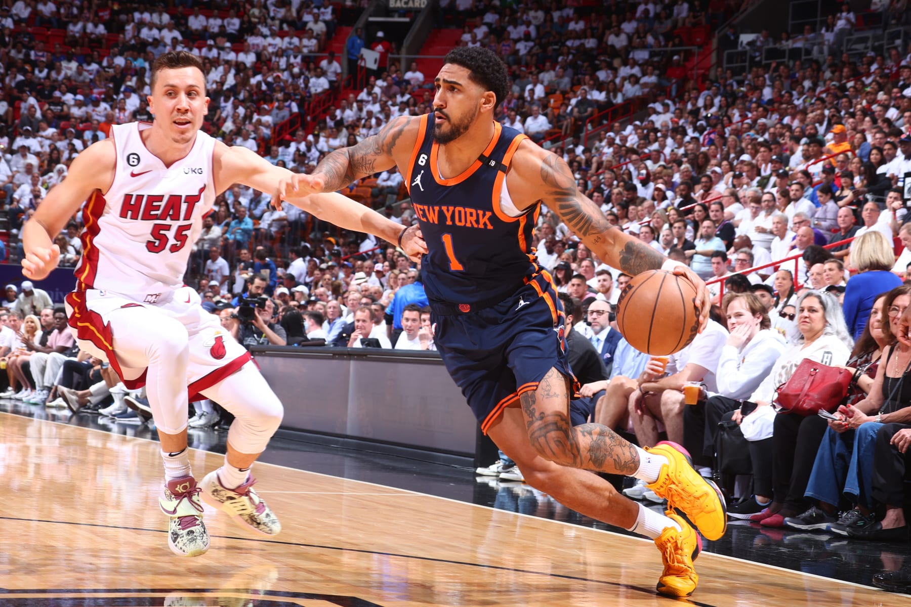 MIAMI, FL - MAY 6: Obi Toppin #1 of the New York Knicks dribbles the ball during Game Three of the Eastern Conference Semi-Finals of the 2023 NBA Playoffs against the Miami Heat on May 6, 2023 at Miami-Dade Arena in Miami, Florida. NOTE TO USER: User expressly acknowledges and agrees that, by downloading and or using this Photograph, user is consenting to the terms and conditions of the Getty Images License Agreement. Mandatory Copyright Notice: Copyright 2023 NBAE (Photo by Nathaniel S. Butler/NBAE via Getty Images)