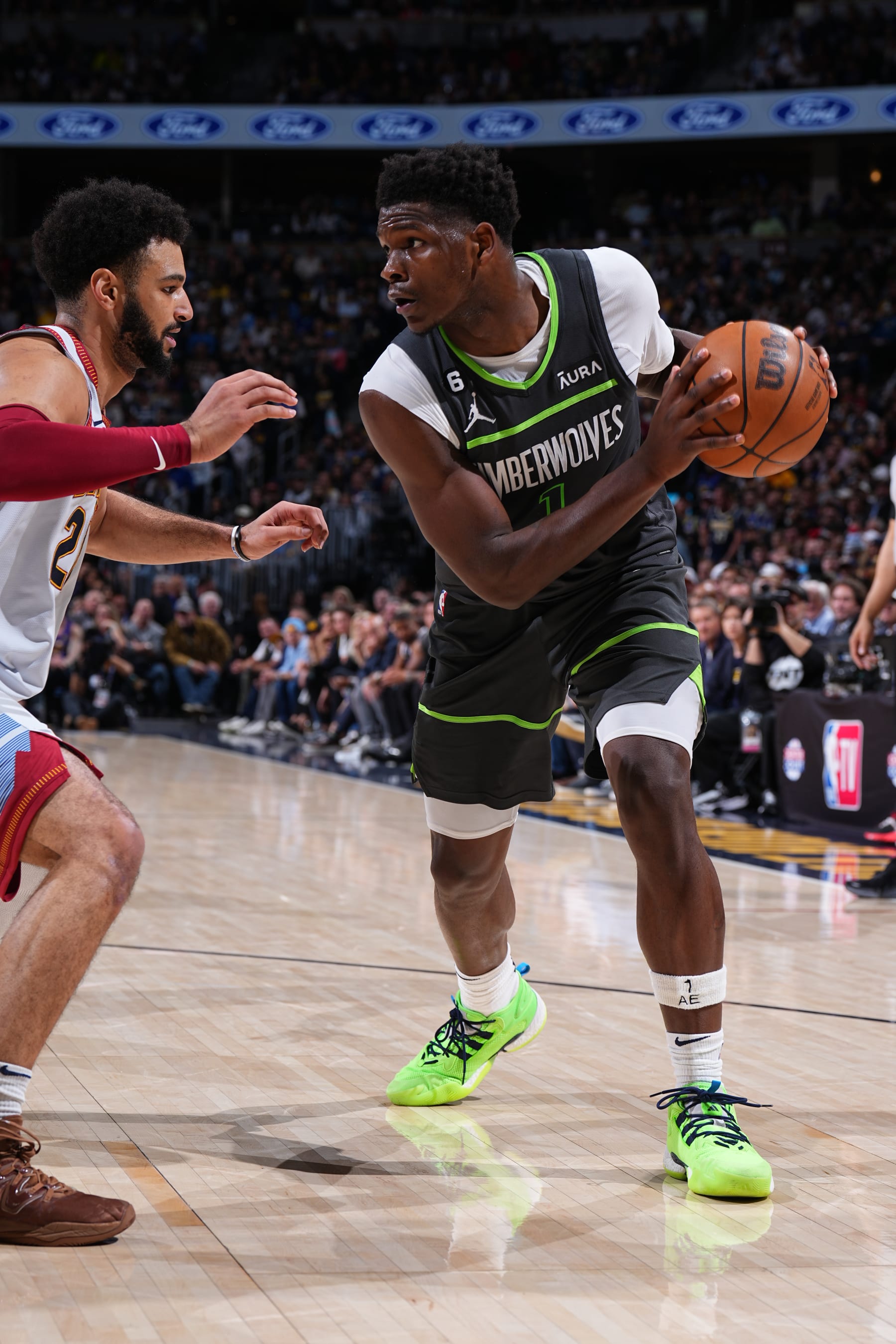 DENVER, CO - APRIL 25: Anthony Edwards #1 of the Minnesota Timberwolves handles the ball during Round One Game Five of the 2023 NBA Playoffs against the Denver Nuggets on April 25, 2023 at the Ball Arena in Denver, Colorado. NOTE TO USER: User expressly acknowledges and agrees that, by downloading and/or using this Photograph, user is consenting to the terms and conditions of the Getty Images License Agreement. Mandatory Copyright Notice: Copyright 2023 NBAE (Photo by Garrett Ellwood/NBAE via Getty Images)