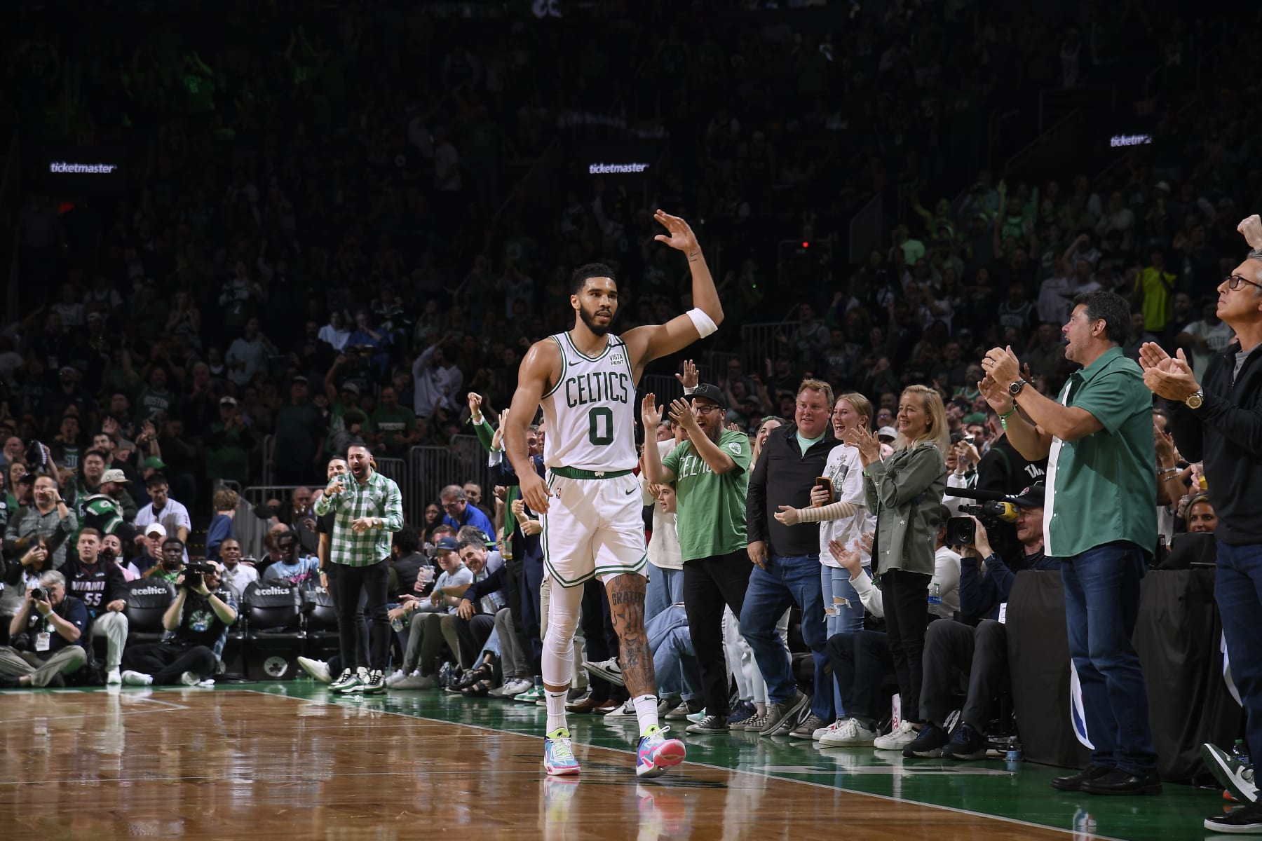 BOSTON, MA - OCTOBER 27: Jayson Tatum #0 of the Boston Celtics hypes the fans during the game against the Miami Heat on October 27, 2023 at the TD Garden in Boston, Massachusetts. NOTE TO USER: User expressly acknowledges and agrees that, by downloading and or using this photograph, User is consenting to the terms and conditions of the Getty Images License Agreement. Mandatory Copyright Notice: Copyright 2023 NBAE  (Photo by Brian Babineau/NBAE via Getty Images)