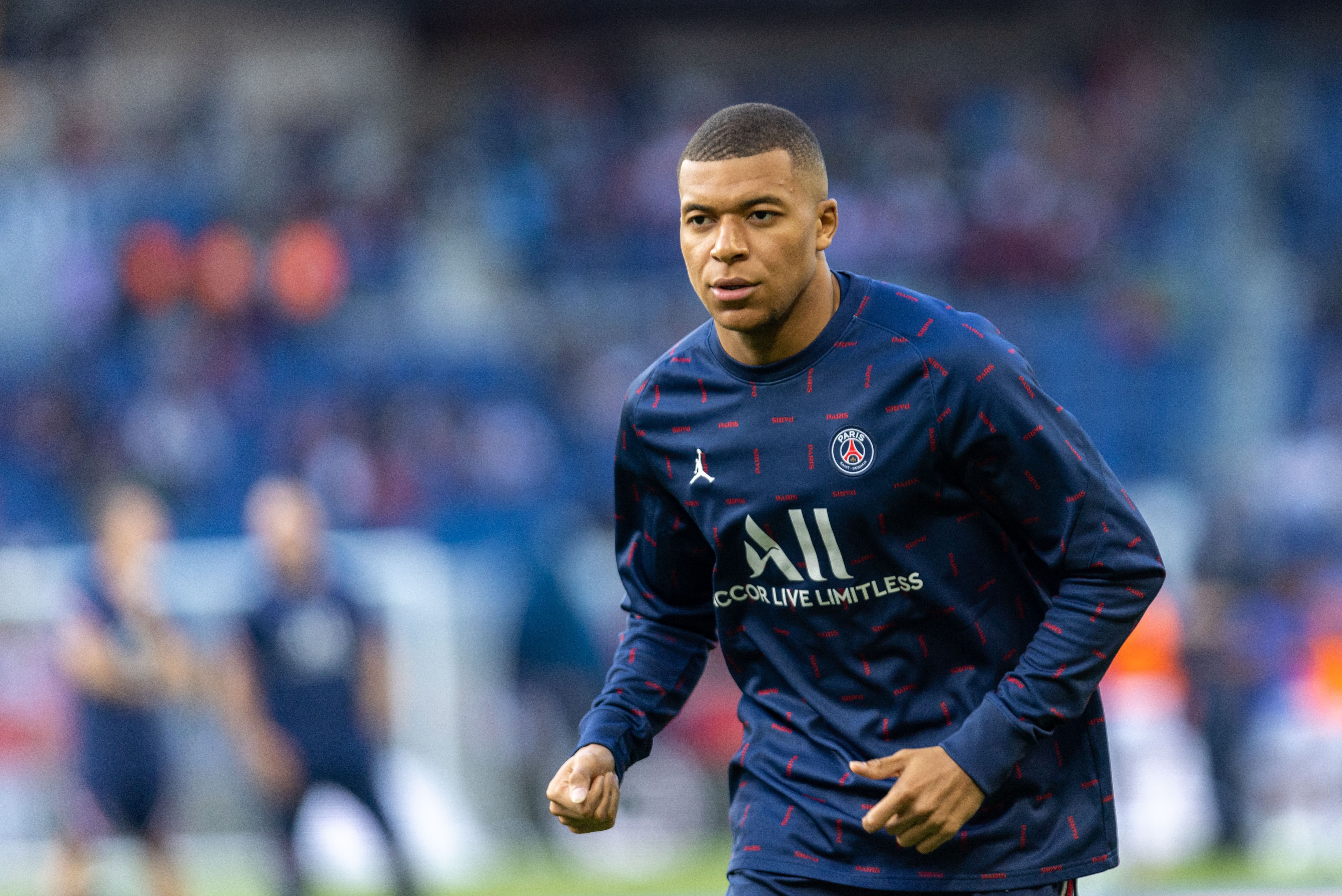 PARIS, FRANCE - MAY 08: Kylian Mbappe  of Paris Saint Germain prior to the Ligue 1 Uber Eats match between Paris Saint Germain and ESTAC Troyes at Parc des Princes on May 8, 2022 in Paris, France. (Photo by Tnani Badreddine/vi/DeFodi Images via Getty Images)