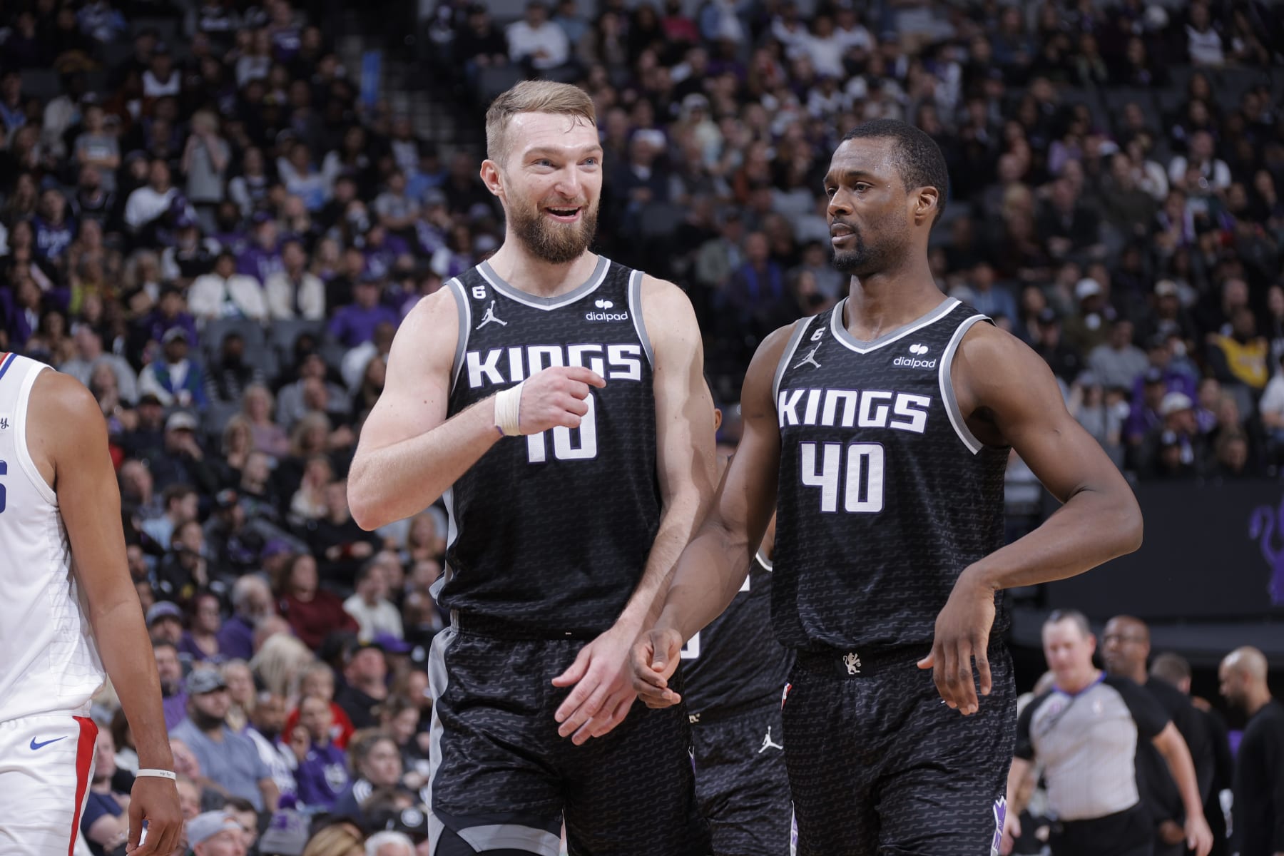 SACRAMENTO, CA - MARCH 3: Domantas Sabonis #10 and Harrison Barnes #40 of the Sacramento Kings talk during the game against the Los Angeles Clippers on March 3, 2023 at Golden 1 Center in Sacramento, California. NOTE TO USER: User expressly acknowledges and agrees that, by downloading and or using this photograph, User is consenting to the terms and conditions of the Getty Images Agreement. Mandatory Copyright Notice: Copyright 2023 NBAE (Photo by Rocky Widner/NBAE via Getty Images)