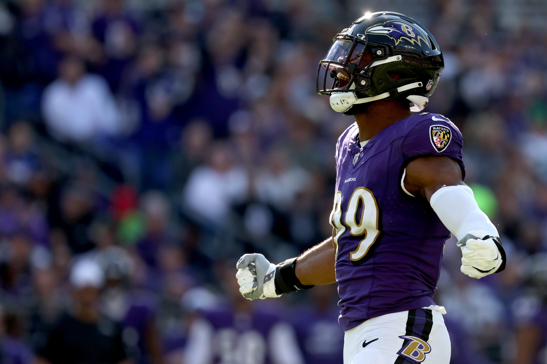 BALTIMORE, MARYLAND - NOVEMBER 05: Odafe Oweh #99 of the Baltimore Ravens reacts after a play during the first half in the game against the Seattle Seahawks at M&T Bank Stadium on November 05, 2023 in Baltimore, Maryland. (Photo by Patrick Smith/Getty Images)