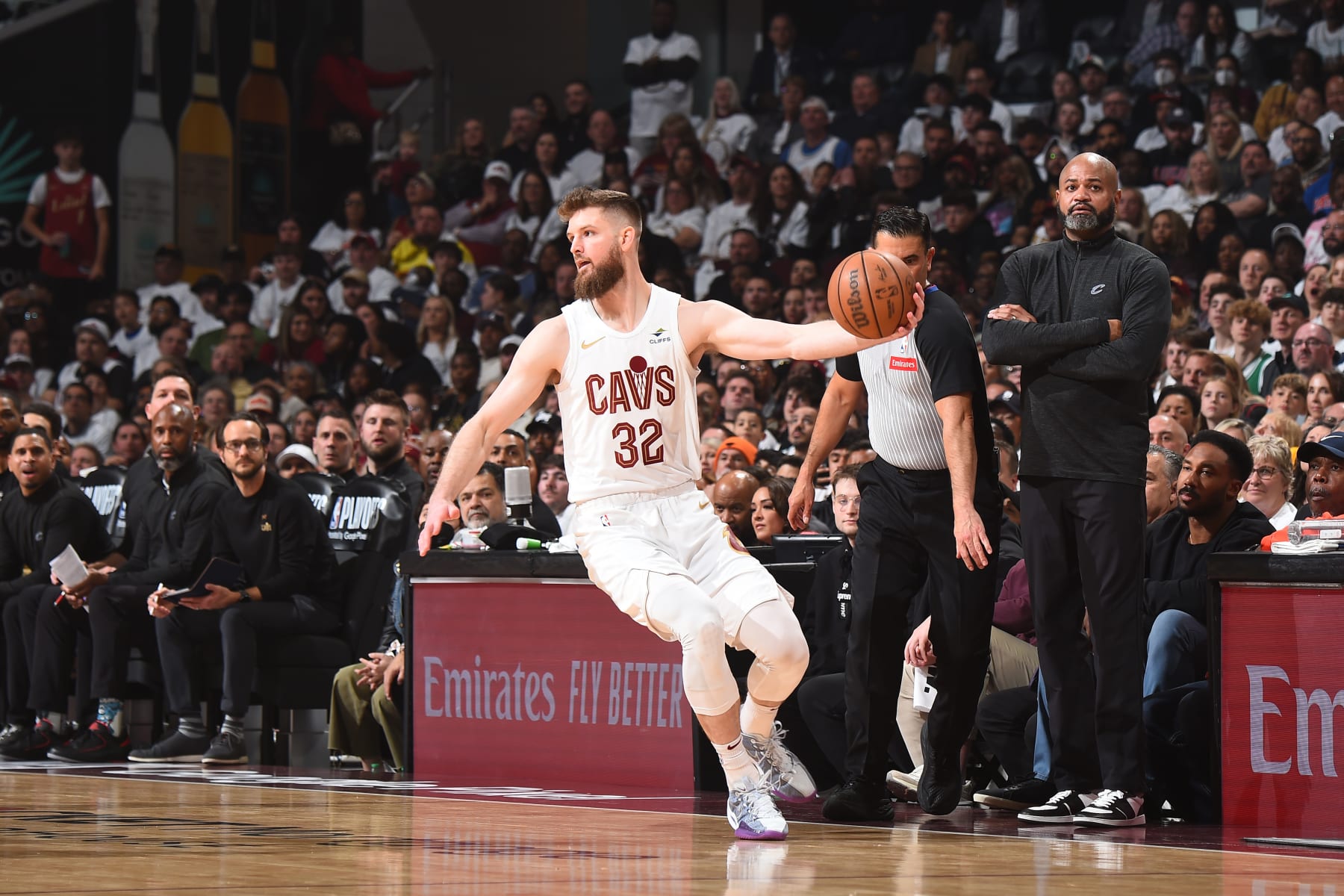 CLEVELAND, OH - MAY 11:  Dean Wade #32 of the Cleveland Cavaliers handles the ball during the game  against the Boston Celtics during Round 2 Game 3 of the 2024 NBA Playoffs on May 11, 2024 at Rocket Mortgage FieldHouse in Cleveland, Ohio. NOTE TO USER: User expressly acknowledges and agrees that, by downloading and/or using this Photograph, user is consenting to the terms and conditions of the Getty Images License Agreement. Mandatory Copyright Notice: Copyright 2024 NBAE (Photo by Brian Babineau/NBAE via Getty Images)