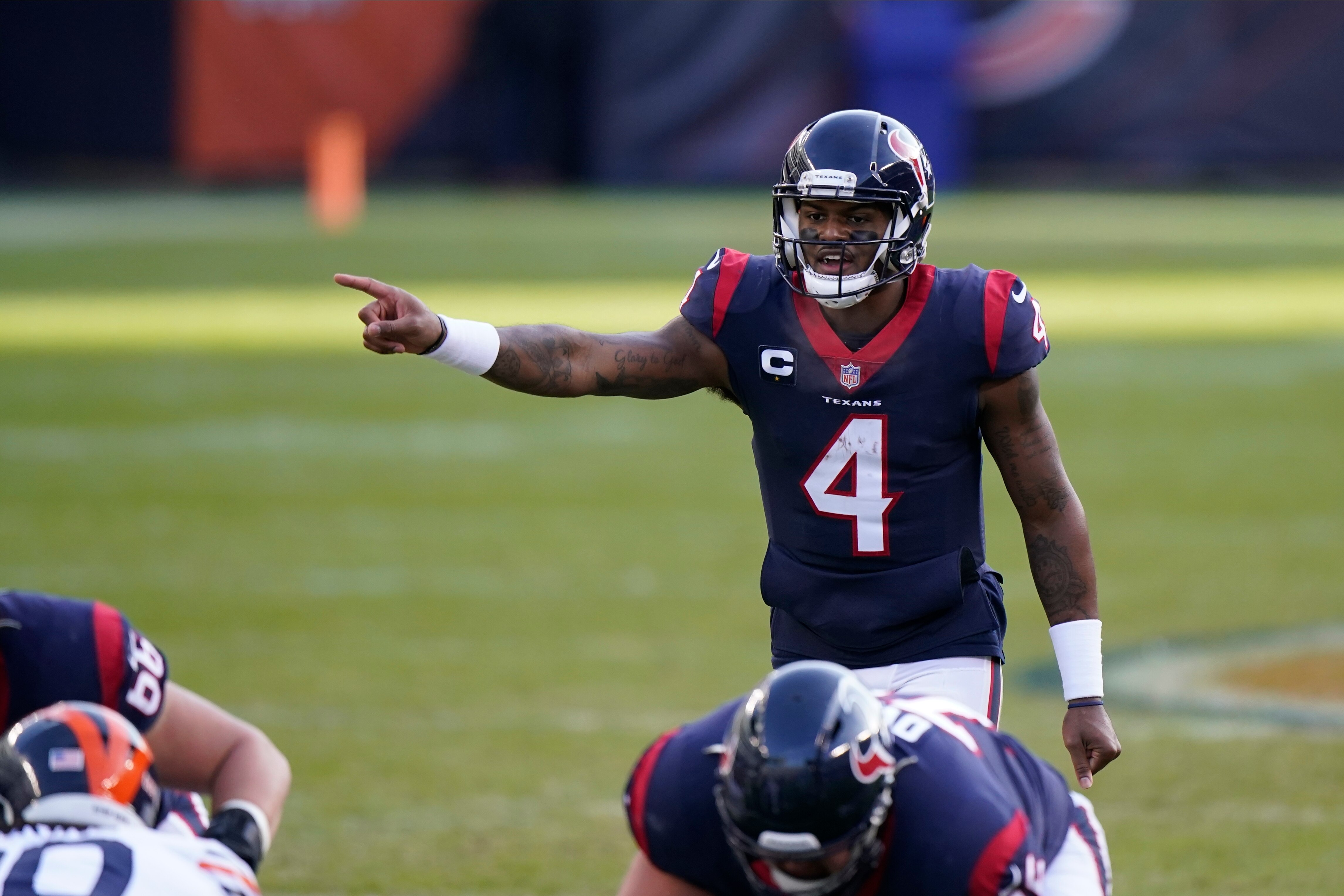 Houston Texans quarterback Deshaun Watson (4) calls a play during the second half of an NFL football game against the Chicago Bears, Sunday, Dec. 13, 2020, in Chicago. (AP Photo/Nam Y. Huh)