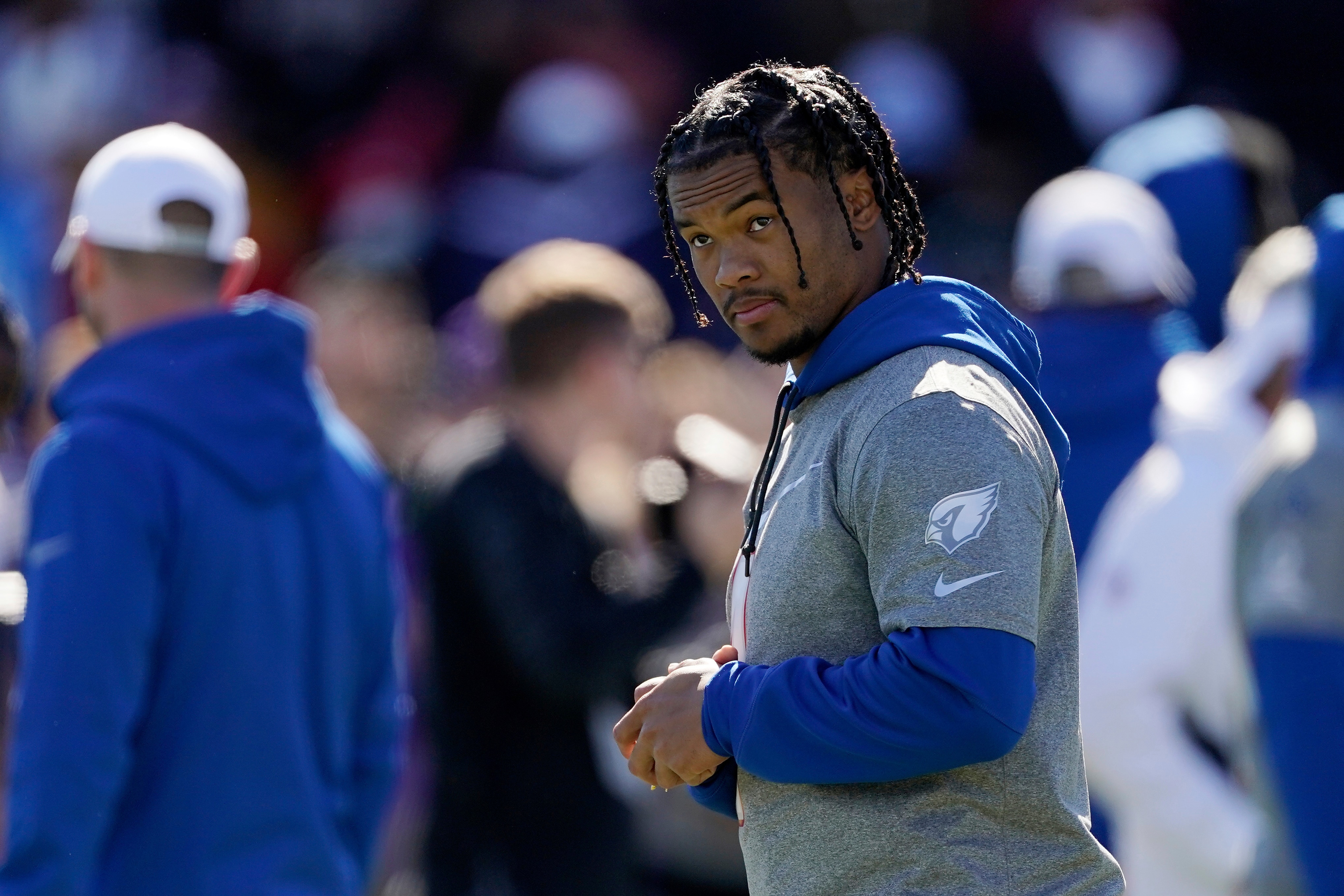 NFC quarterback Kyler Murray of the Arizona Cardinals (1) looks on during Pro Bowl NFL football practice, Saturday, February 5, 2022, in Las Vegas. (Steve Luciano/AP Images for NFL)