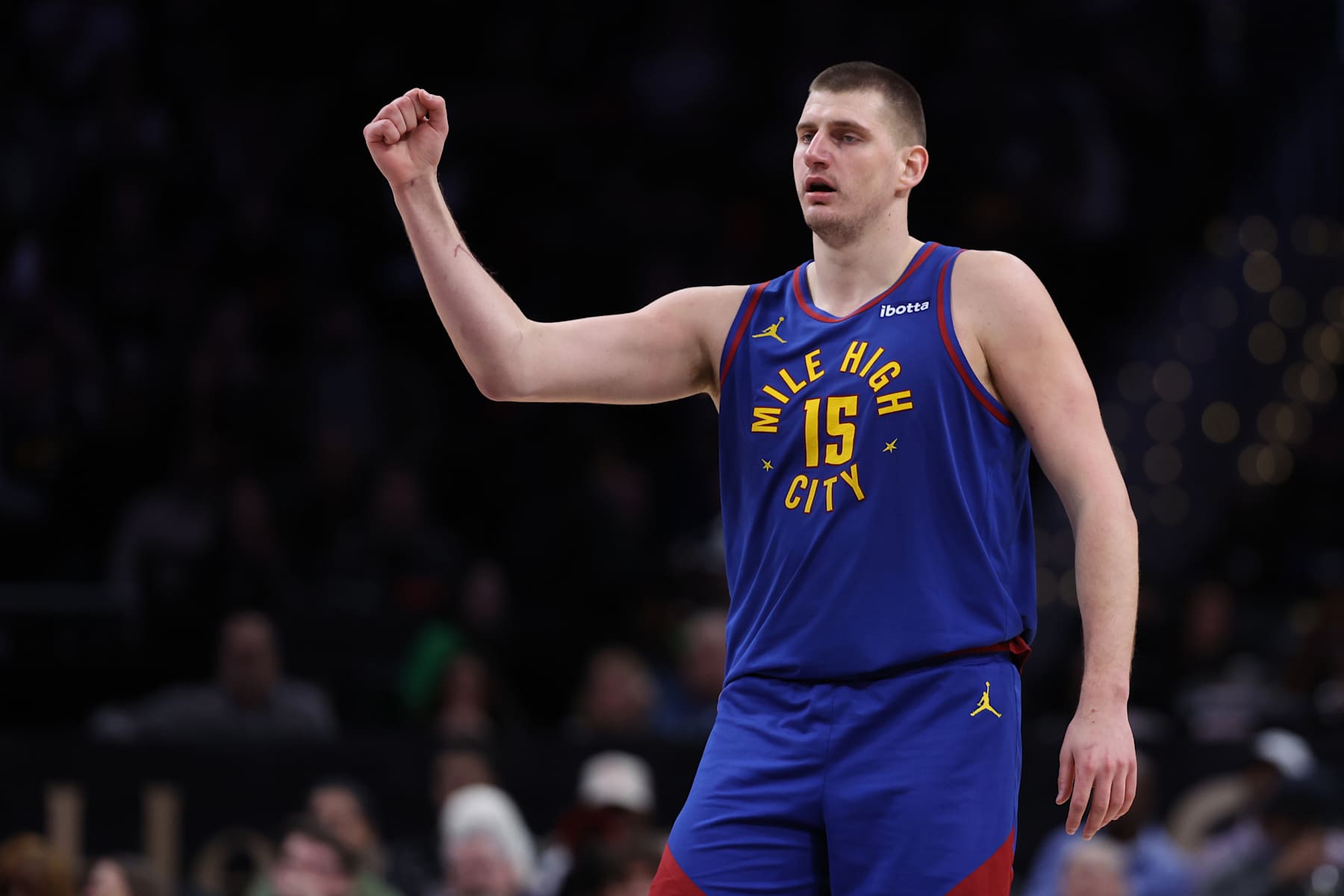 WASHINGTON, DC - JANUARY 21: Nikola Jokic #15 of the Denver Nuggets celebrates against the Washington Wizards during the second half at Capital One Arena on January 21, 2024 in Washington, DC. NOTE TO USER: User expressly acknowledges and agrees that, by downloading and or using this photograph, User is consenting to the terms and conditions of the Getty Images License Agreement. (Photo by Patrick Smith/Getty Images)