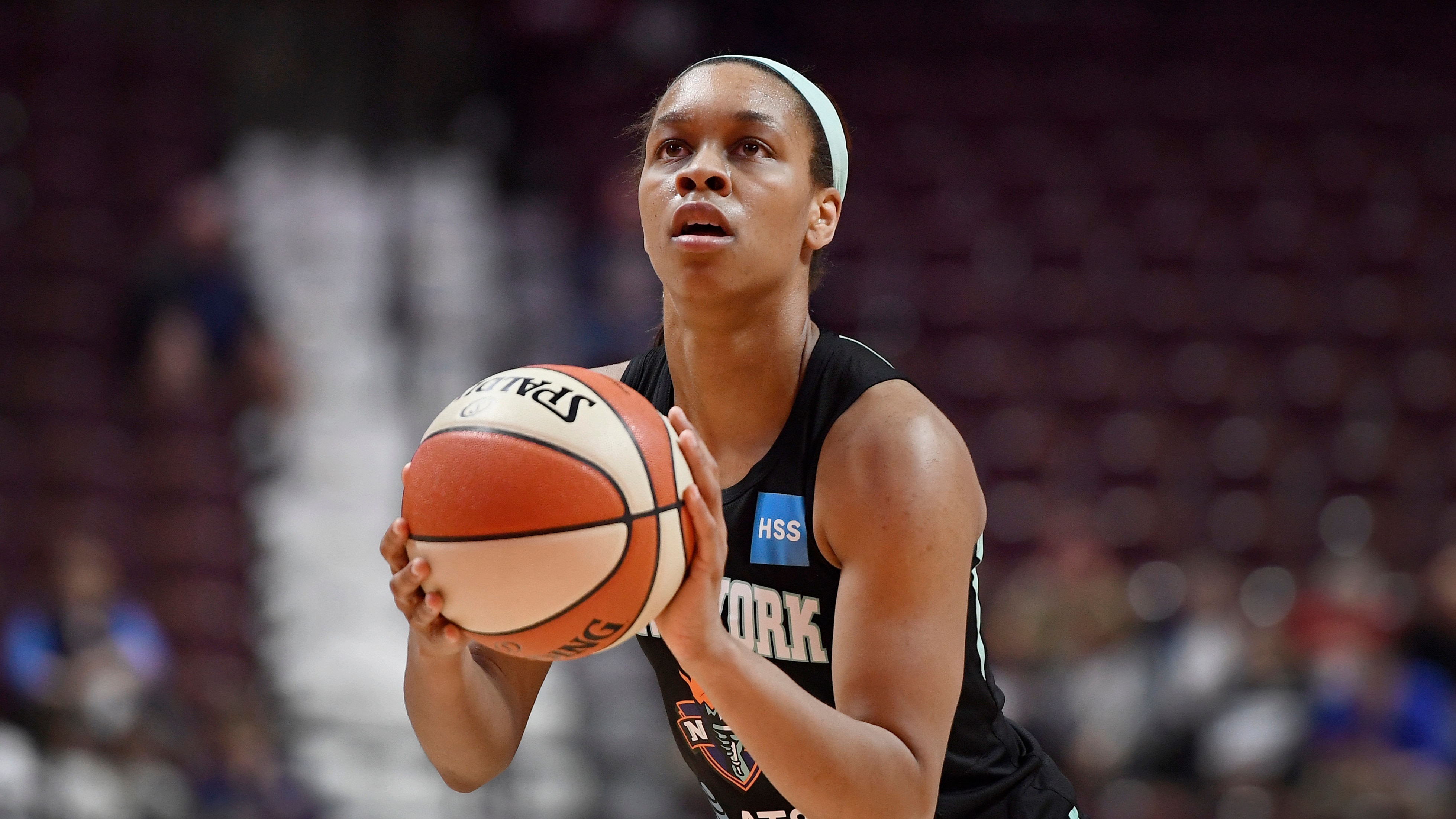 New York Liberty's Asia Durr during the second half of a preseason WNBA basketball game, Tuesday, May 14, 2019, in Uncasville, Conn. (AP Photo/Jessica Hill)