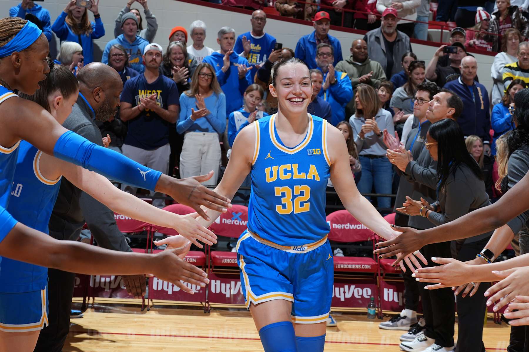 BLOOMINGTON, IN - JANUARY 04: UCLA Bruins forward Angela Dugalic' (32) is introduced before the game against the Indiana Hoosiers on January 4, 2025, at Simon Skjodt Assembly Hall in Bloomington, Indiana. (Photo by Brian Spurlock/Icon Sportswire via Getty Images)
