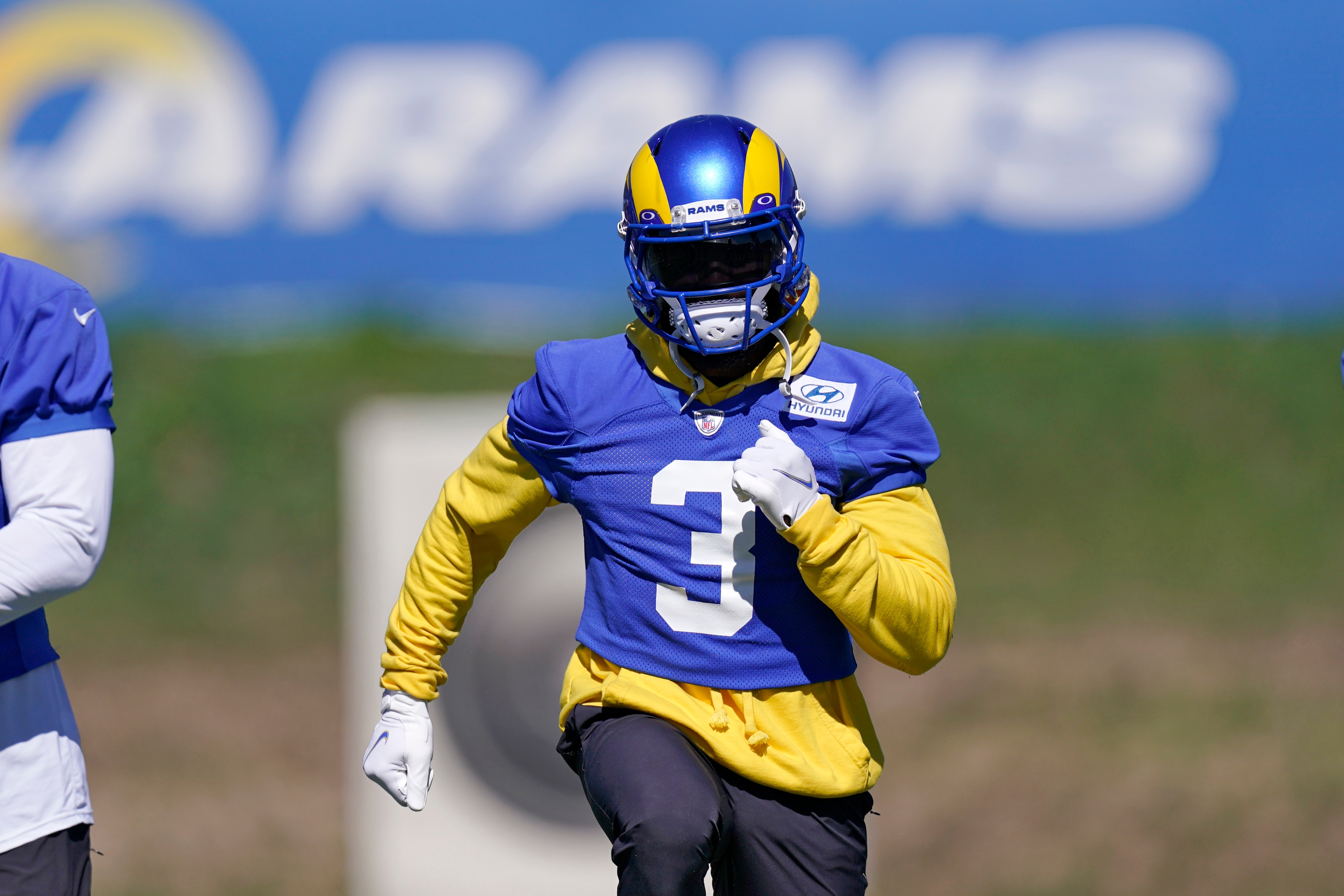 Los Angeles Rams wide receiver Odell Beckham Jr. warms up during practice for an NFL Super Bowl football game Friday, Feb. 11, 2022, in Thousand Oaks, Calif. The Rams are scheduled to play the Cincinnati Bengals in the Super Bowl on Sunday. (AP Photo/Mark J. Terrill)
