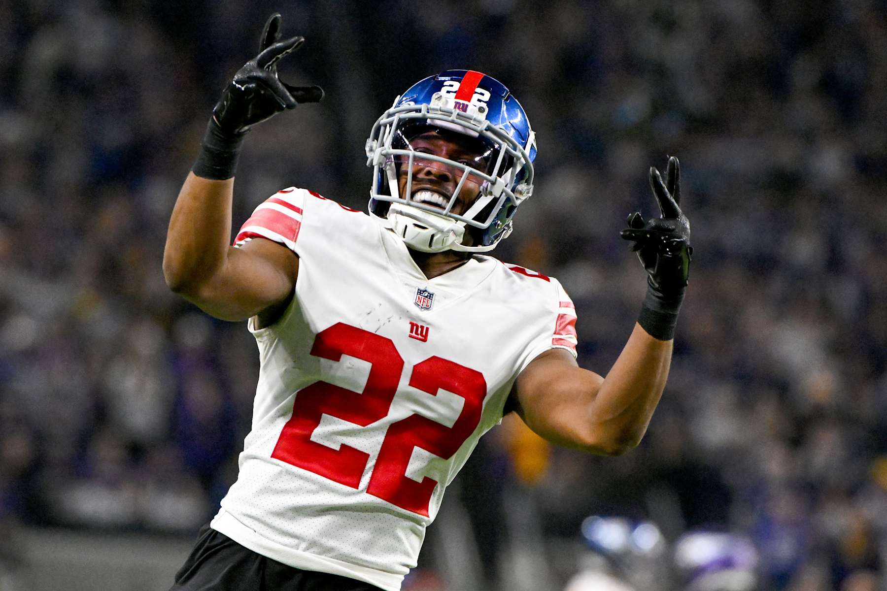 MINNEAPOLIS, MINNESOTA - JANUARY 15: Adoree' Jackson #22 of the New York Giants reacts after a fourth down stop during the fourth quarter against the Minnesota Vikings in the NFC Wild Card playoff game at U.S. Bank Stadium on January 15, 2023 in Minneapolis, Minnesota. (Photo by Stephen Maturen/Getty Images)