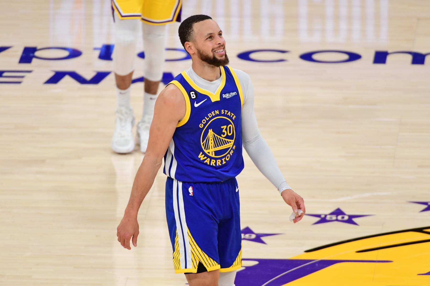 LOS ANGELES, CA - MAY 12:  Stephen Curry #30 of the Golden State Warriors looks on during the game against the Los Angeles Lakers during the Western Conference Semi-Finals of the 2023 NBA Playoffs on May 12, 2023 at Crypto.Com Arena in Los Angeles, California. NOTE TO USER: User expressly acknowledges and agrees that, by downloading and/or using this Photograph, user is consenting to the terms and conditions of the Getty Images License Agreement. Mandatory Copyright Notice: Copyright 2023 NBAE (Photo by Adam Pantozzi/NBAE via Getty Images)