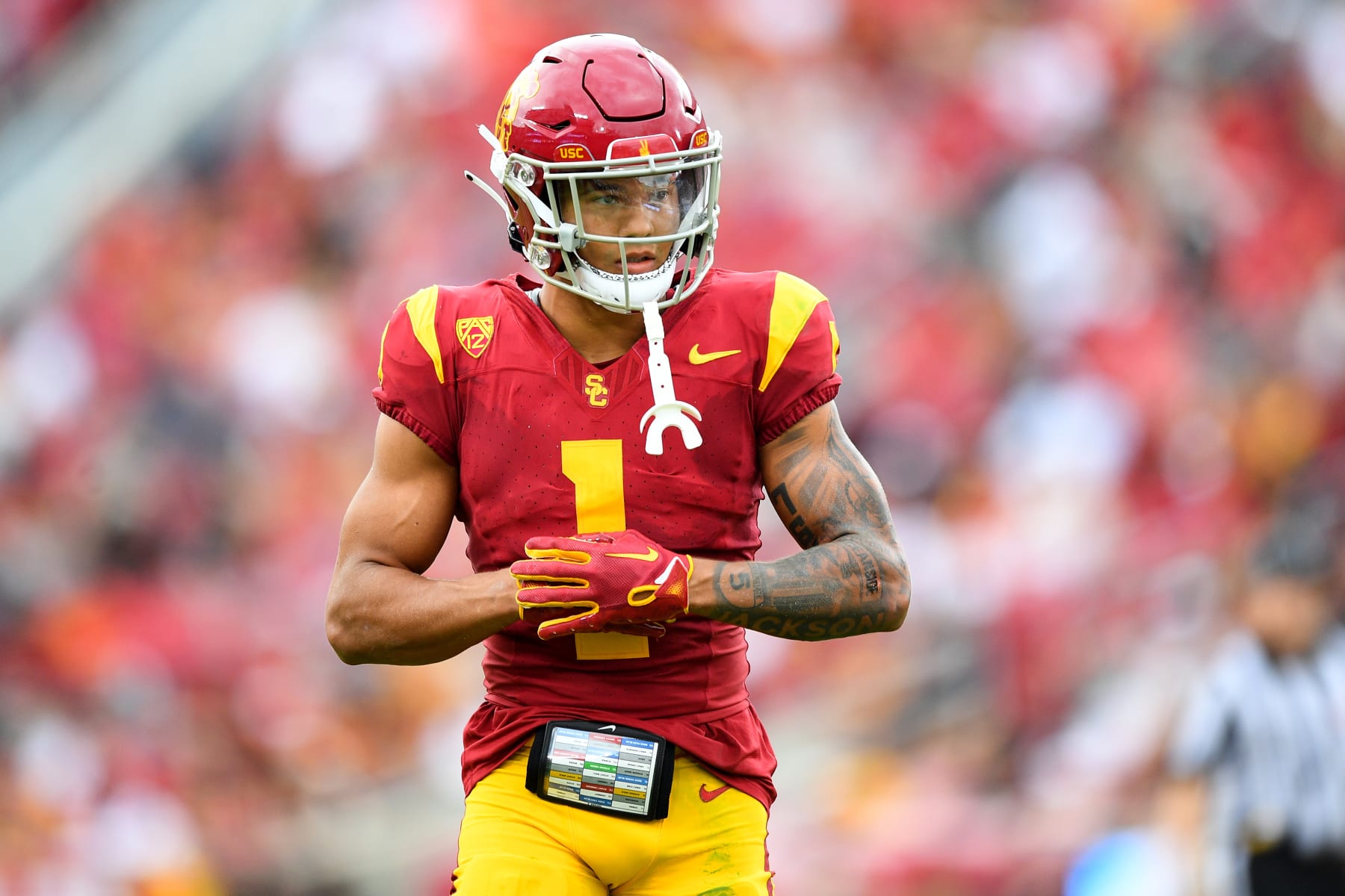 LOS ANGELES, CA - SEPTEMBER 02: USC Trojans cornerback Domani Jackson (1) looks on during a game between the Nevada Wolf Pack and the USC Trojans on September 2, 2023, at Los Angeles Memorial Coliseum in Los Angeles, CA. (Photo by Brian Rothmuller/Icon Sportswire via Getty Images)
