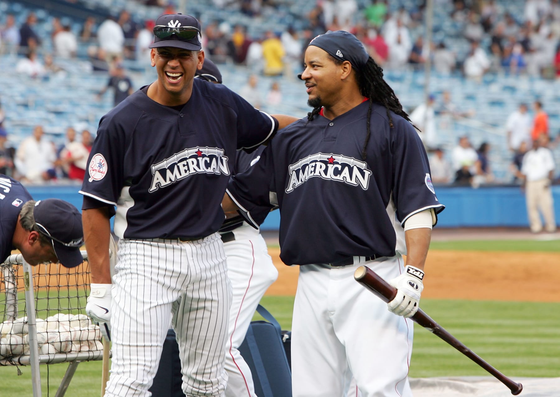 NEW YORK - JULY 15:  American League All-Stars Alex Rodriguez of the New York Yankees and Manny Ramirez of the Boston Red Sox during batting practice before the 79th MLB All-Star Game at Yankee Stadium on July 15, 2008 in the Bronx borough of New York City.  (Photo by Jim McIsaac/Getty Images)