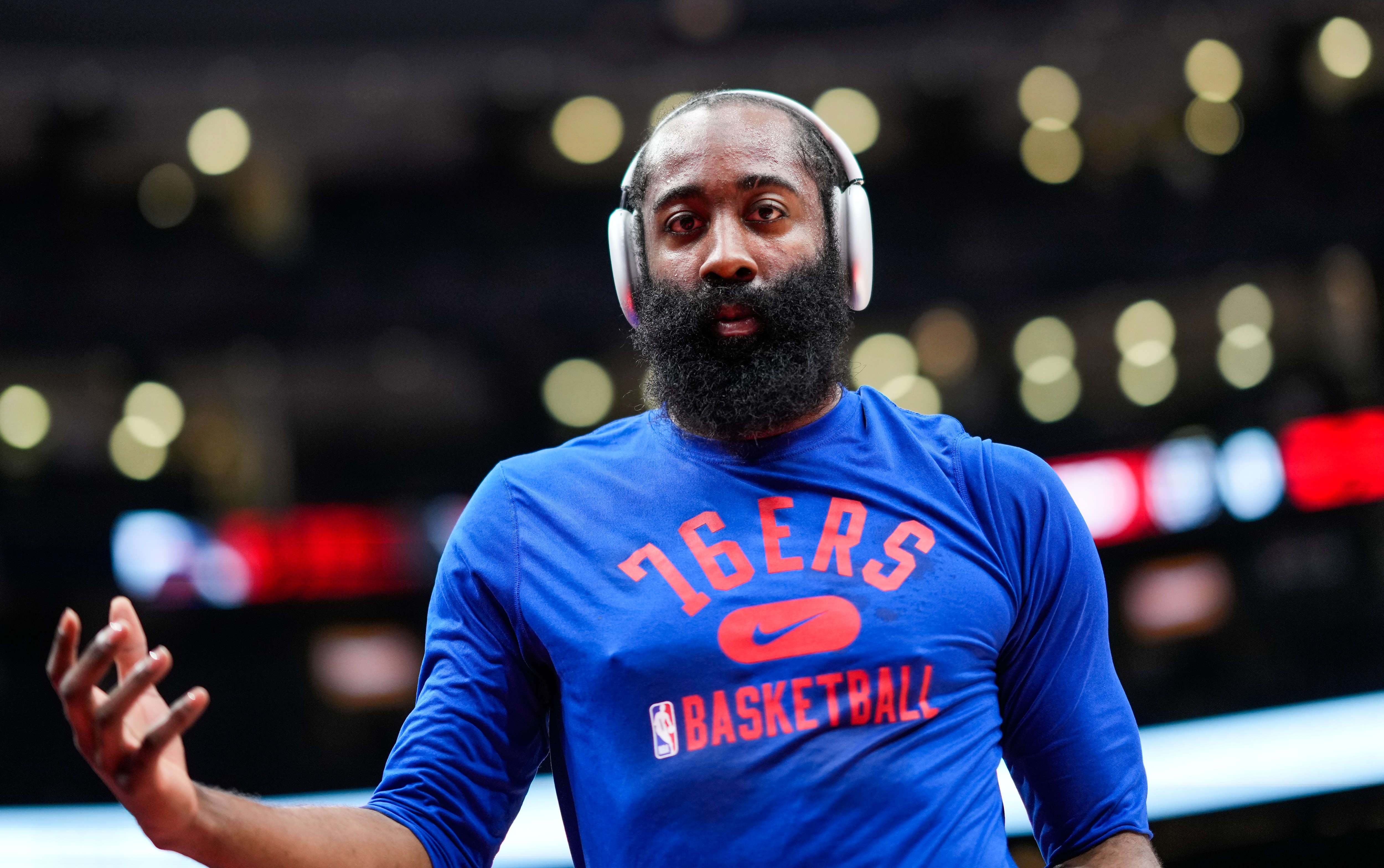TORONTO, ON - APRIL 7: James Harden #1 of the Philadelphia 76ers takes part in warm up before playing the Toronto Raptors during the first half of their basketball game at the Scotiabank Arena on April 7, 2022 in Toronto, Ontario, Canada. NOTE TO USER: User expressly acknowledges and agrees that, by downloading and/or using this Photograph, user is consenting to the terms and conditions of the Getty Images License Agreement. (Photo by Mark Blinch/Getty Images)
