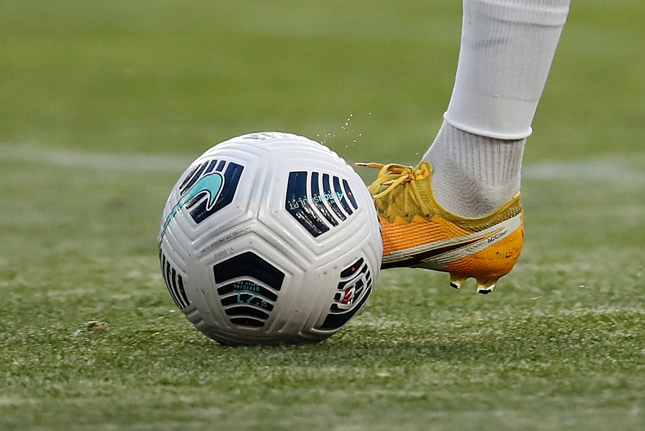 A closeup detail shot of the ball being moved up the pitch during the first half of an NWSL soccer match between Gotham FC and the Houston Dash, Saturday, May 15, 2021, in Harrison, N.J. Gotham FC won 1-0. (AP Photo/Steve Luciano)