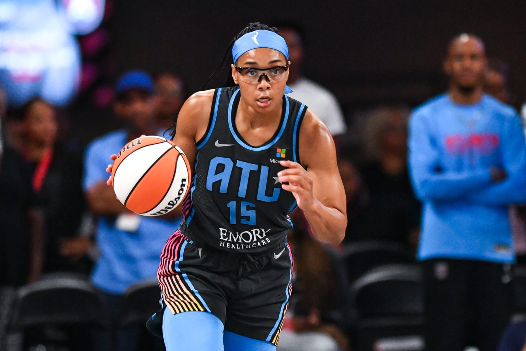 COLLEGE PARK, GA  JULY 12:  Atlanta guard Allisha Gray (15) brings the ball up the court during the WNBA game between the Las Vegas Aces and the Atlanta Dream on July 12th, 2024 at the Gateway Arena in College Park, GA. (Photo by Rich von Biberstein/Icon Sportswire via Getty Images)
