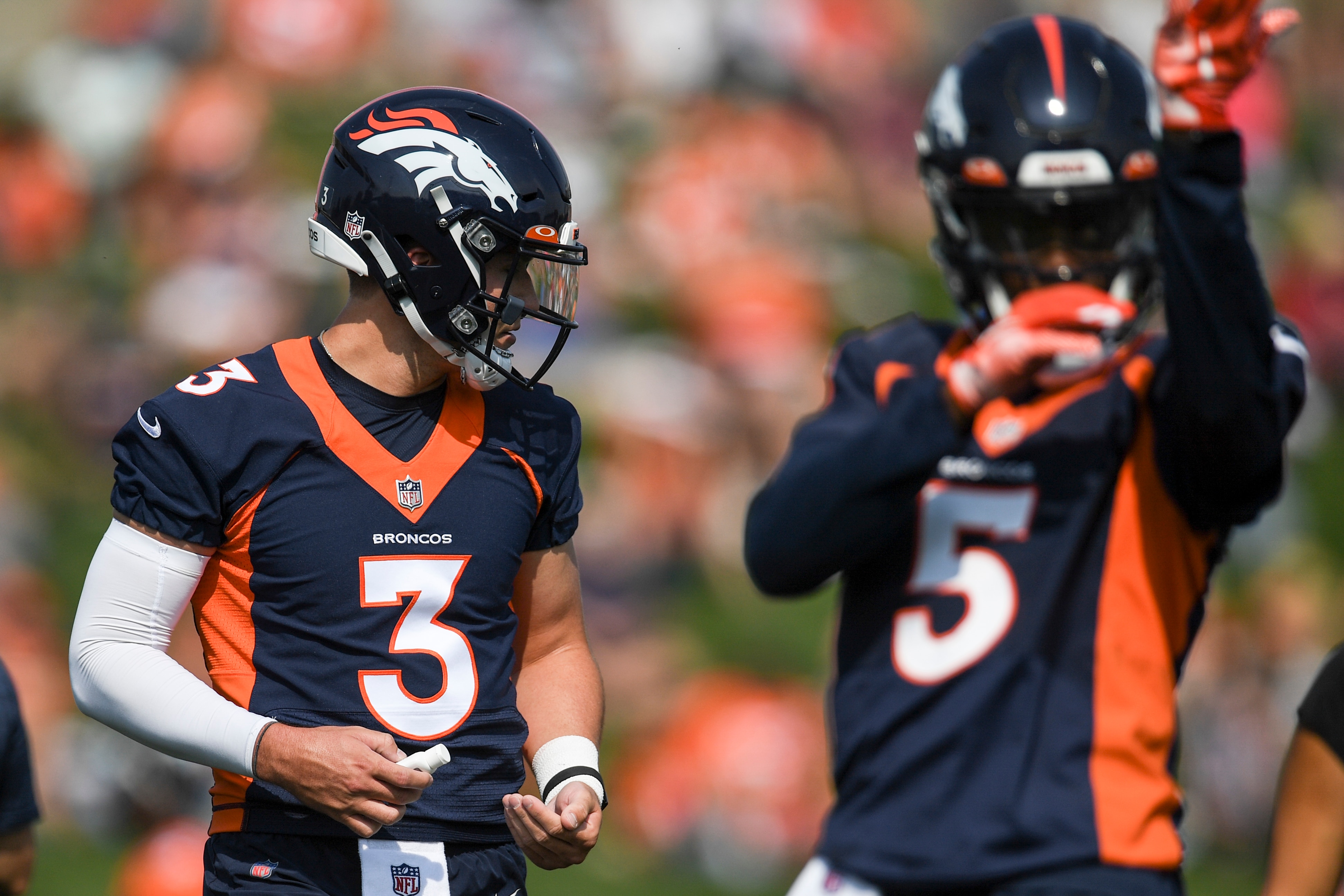 ENGLEWOOD , CO - AUGUST 2: Drew Lock (3) of the Denver Broncos and Teddy Bridgewater (5) work through drills during training camp on Monday, August 2, 2021. (Photo by AAron Ontiveroz/MediaNews Group/The Denver Post via Getty Images)