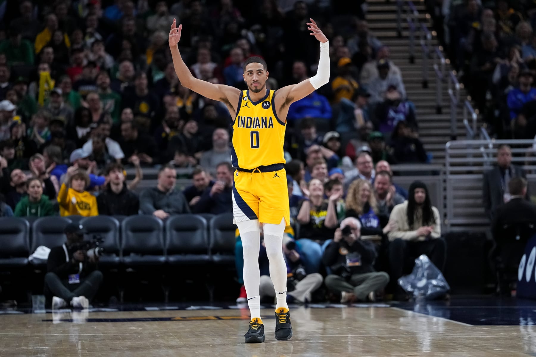 INDIANAPOLIS, INDIANA - FEBRUARY 23: Tyrese Haliburton #0 of the Indiana Pacers interacts with the crowd in the third quarter against the Boston Celtics at Gainbridge Fieldhouse on February 23, 2023 in Indianapolis, Indiana. NOTE TO USER: User expressly acknowledges and agrees that, by downloading and or using this photograph, User is consenting to the terms and conditions of the Getty Images License Agreement. (Photo by Dylan Buell/Getty Images)