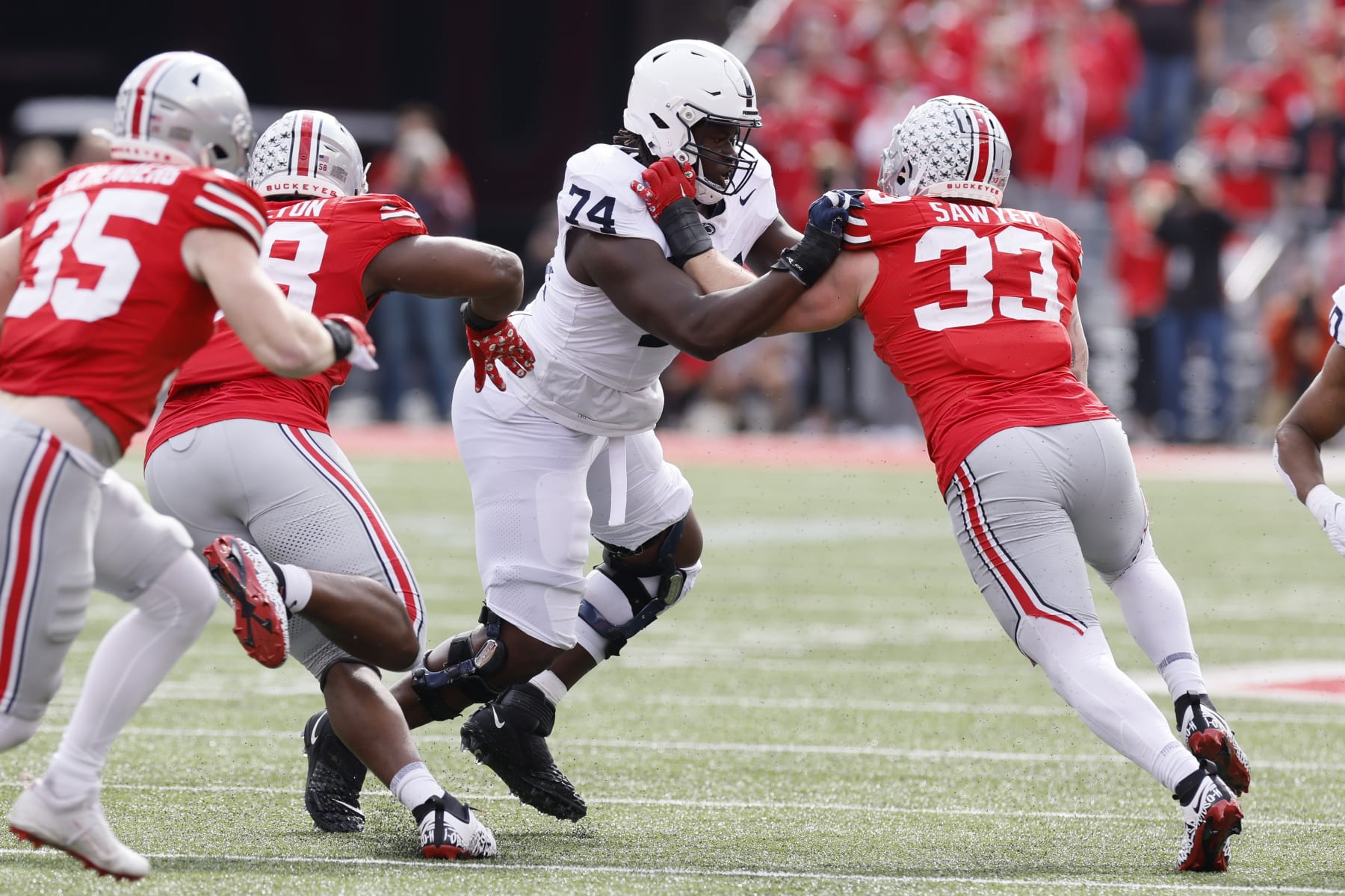 Penn State offensive lineman Olumuyiwa Fashanu plays against Ohio State during an NCAA college football game Saturday, Oct. 21, 2023, in Columbus, Ohio. (AP Photo/Jay LaPrete)