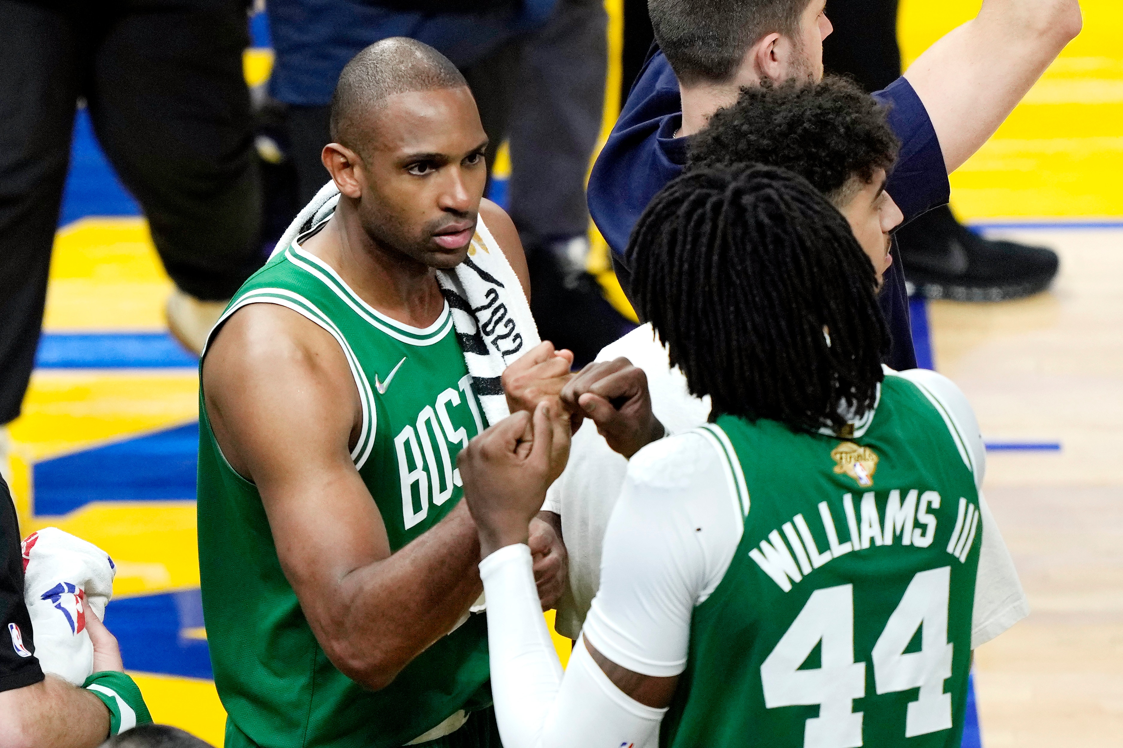 SAN FRANCISCO, CALIFORNIA - JUNE 02: Al Horford #42 and Robert Williams III #44 of the Boston Celtics reac following the 120-108 victory against the Golden State Warriors in Game One of the 2022 NBA Finals at Chase Center on June 02, 2022 in San Francisco, California. NOTE TO USER: User expressly acknowledges and agrees that, by downloading and/or using this photograph, User is consenting to the terms and conditions of the Getty Images License Agreement. (Photo by Thearon W. Henderson/Getty Images)