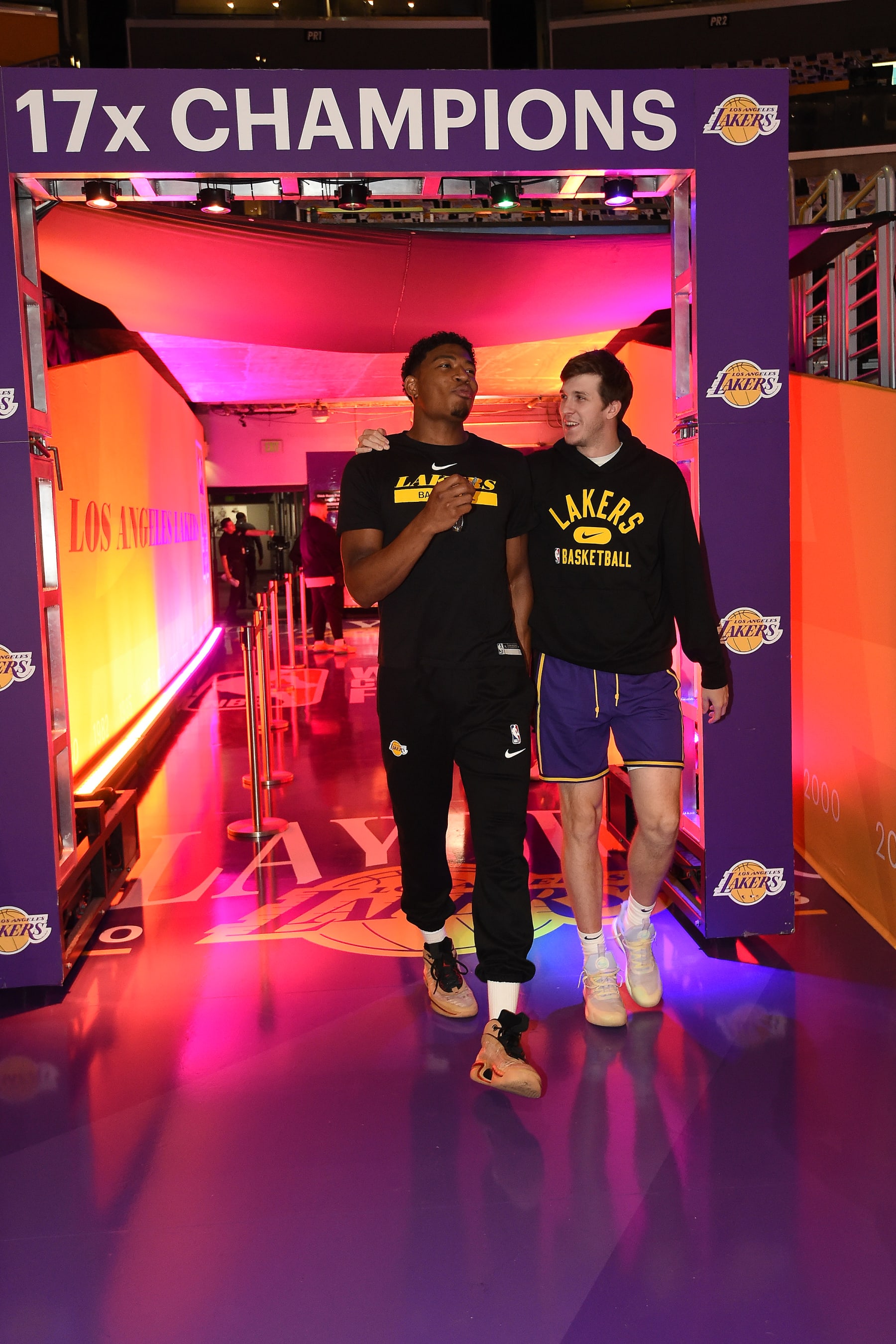 LOS ANGELES, CA - MAY 20: Rui Hachimura #28 and Austin Reaves #15 of the Los Angeles Lakers walk on to the court before Game 3 of the 2023 NBA Playoffs Western Conference Finals against the Denver Nuggets on May 20, 2023 at Crypto.Com Arena in Los Angeles, California. NOTE TO USER: User expressly acknowledges and agrees that, by downloading and/or using this Photograph, user is consenting to the terms and conditions of the Getty Images License Agreement. Mandatory Copyright Notice: Copyright 2023 NBAE (Photo by Andrew D. Bernstein/NBAE via Getty Images)
