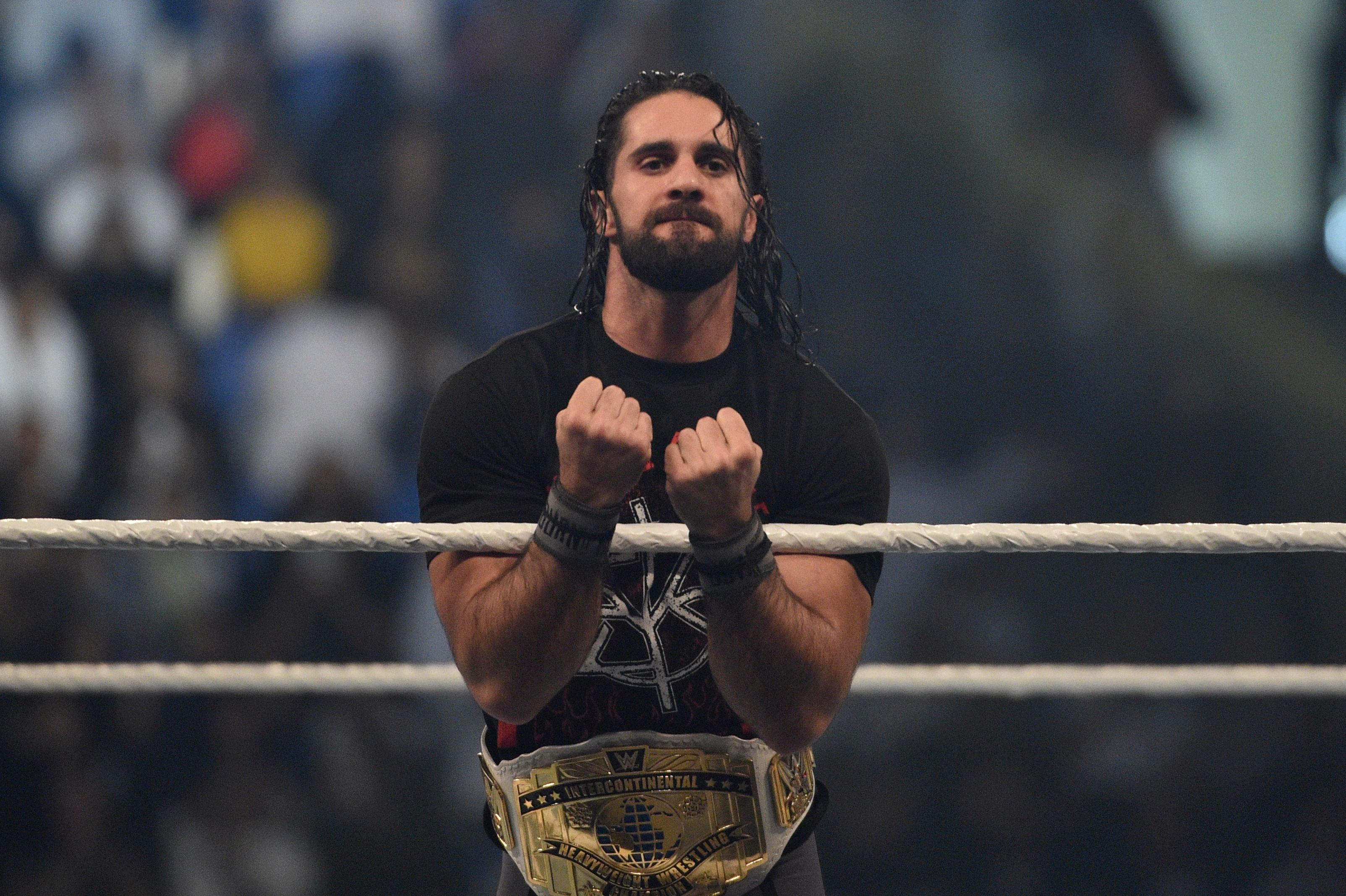 Seth Rollins makes his way to the rign during the WWE World Cup Quarterfinal match as part of as part of the World Wrestling Entertainment (WWE) Crown Jewel pay-per-view at the King Saud University Stadium in Riyadh on November 2, 2018. (Photo by Fayez Nureldine / AFP)        (Photo credit should read FAYEZ NURELDINE/AFP via Getty Images)