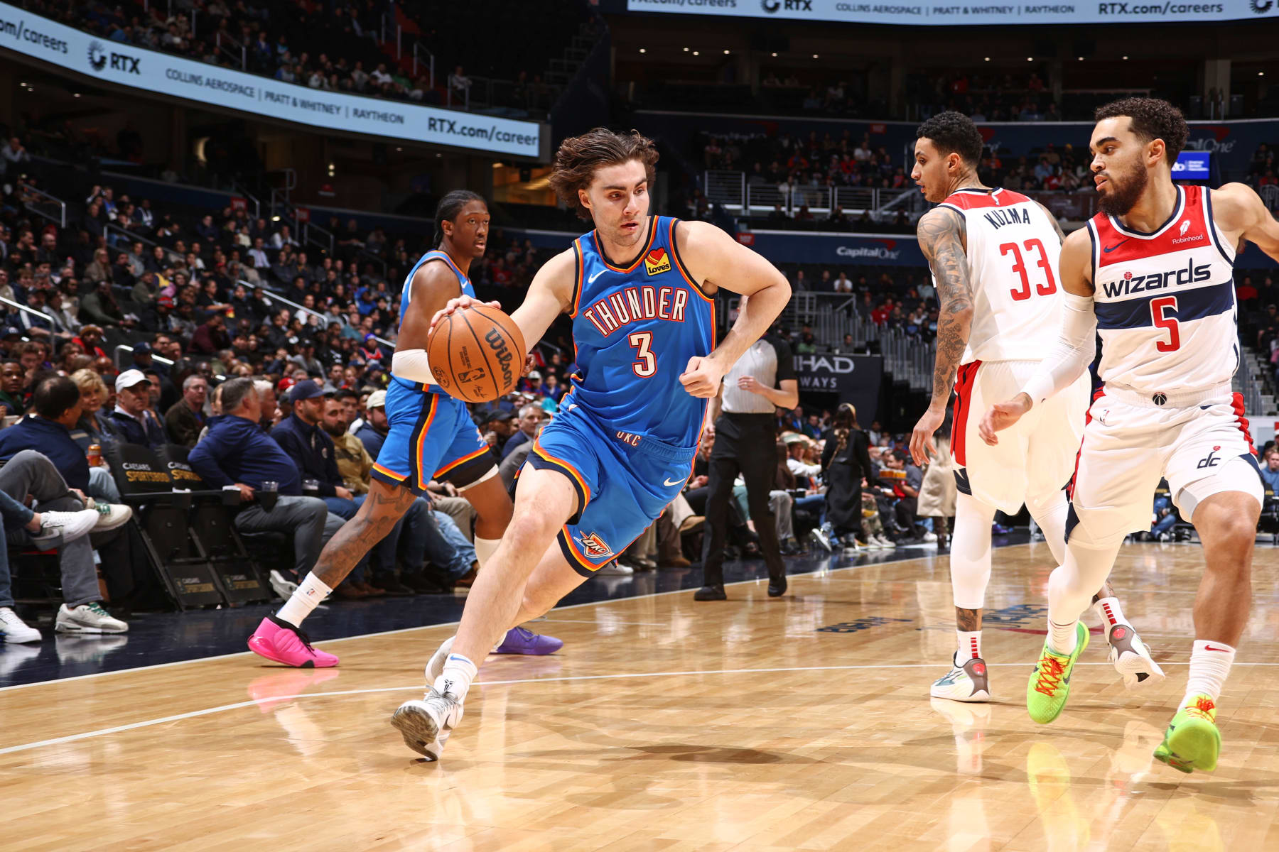 WASHINGTON, DC -  JANUARY 8: Josh Giddey #3 of the Oklahoma City Thunder dribbles the ball during the game against the Washington Wizards on January 8, 2024 at Capital One Arena in Washington, DC. NOTE TO USER: User expressly acknowledges and agrees that, by downloading and or using this Photograph, user is consenting to the terms and conditions of the Getty Images License Agreement. Mandatory Copyright Notice: Copyright 2024 NBAE (Photo by Kenny Giarla/NBAE via Getty Images)