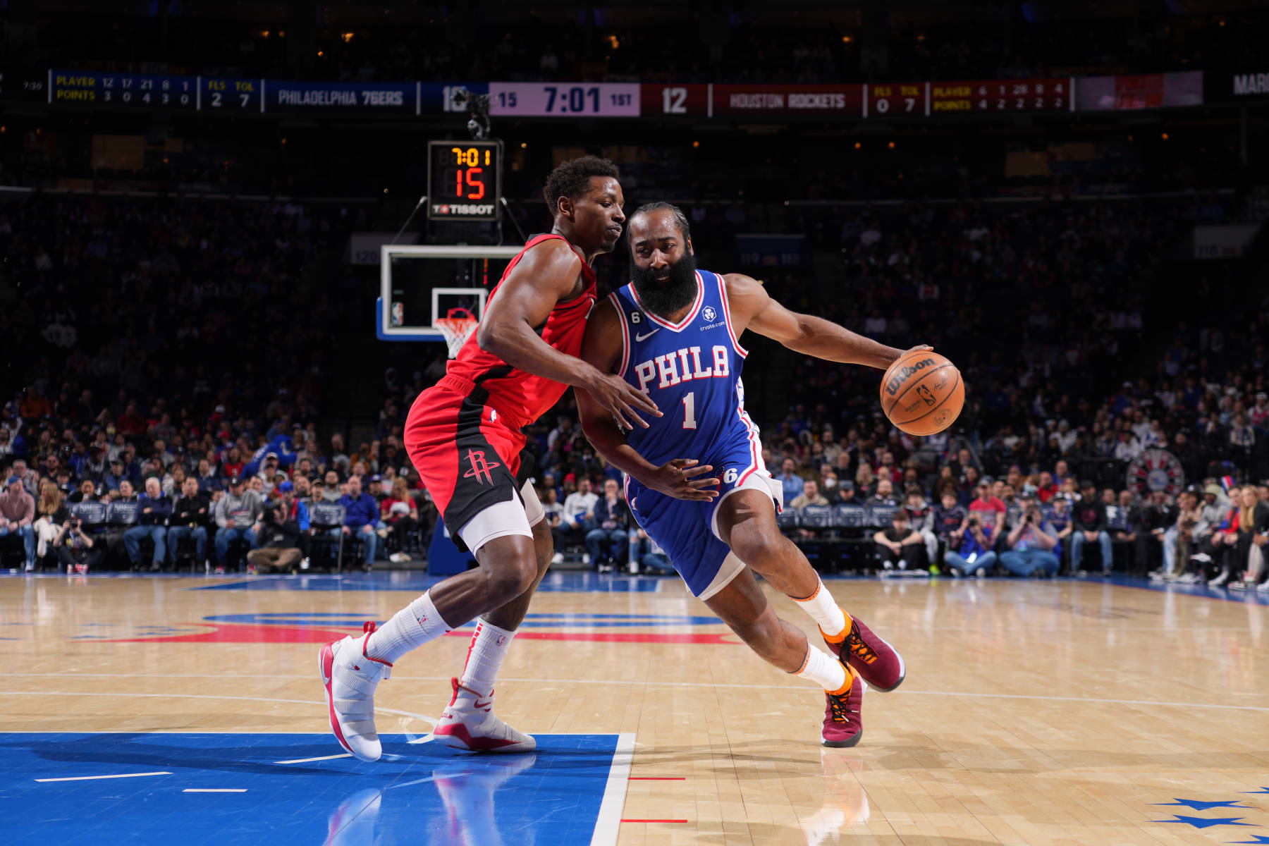 PHILADELPHIA, PA - FEBRUARY 13: James Harden #1 of the Philadelphia 76ers dribbles the ball during the game against the Houston Rockets on February 13, 2023 at the Wells Fargo Center in Philadelphia, Pennsylvania NOTE TO USER: User expressly acknowledges and agrees that, by downloading and/or using this Photograph, user is consenting to the terms and conditions of the Getty Images License Agreement. Mandatory Copyright Notice: Copyright 2023 NBAE (Photo by Jesse D. Garrabrant/NBAE via Getty Images)