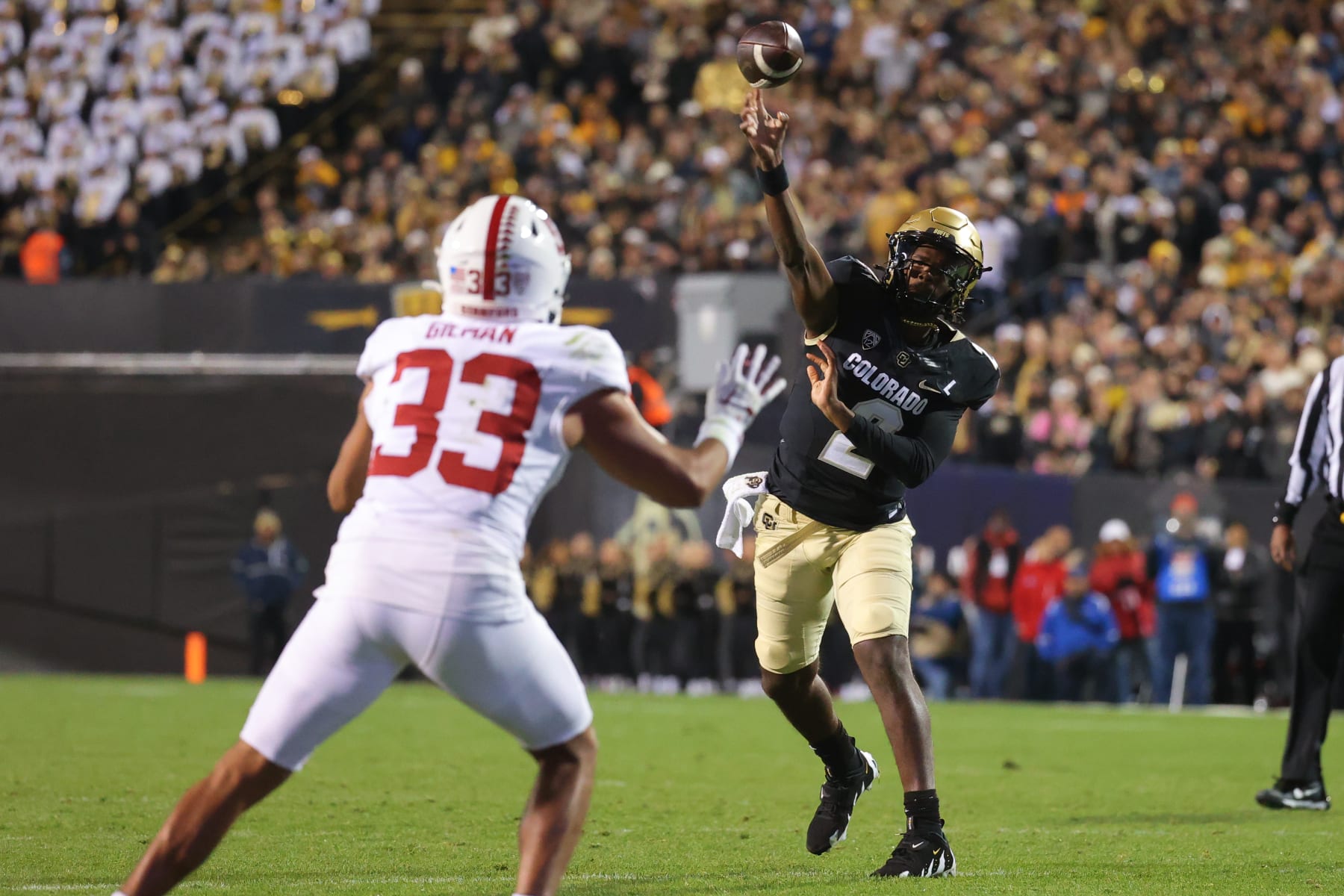 BOULDER, COLORADO - OCTOBER 13: Shedeur Sanders #2 of the Colorado Buffaloes passes the ball against the Stanford Cardinal during the first quarter at Folsom Field on October 13, 2023 in Boulder, Colorado. (Photo by Justin Tafoya/Getty Images)