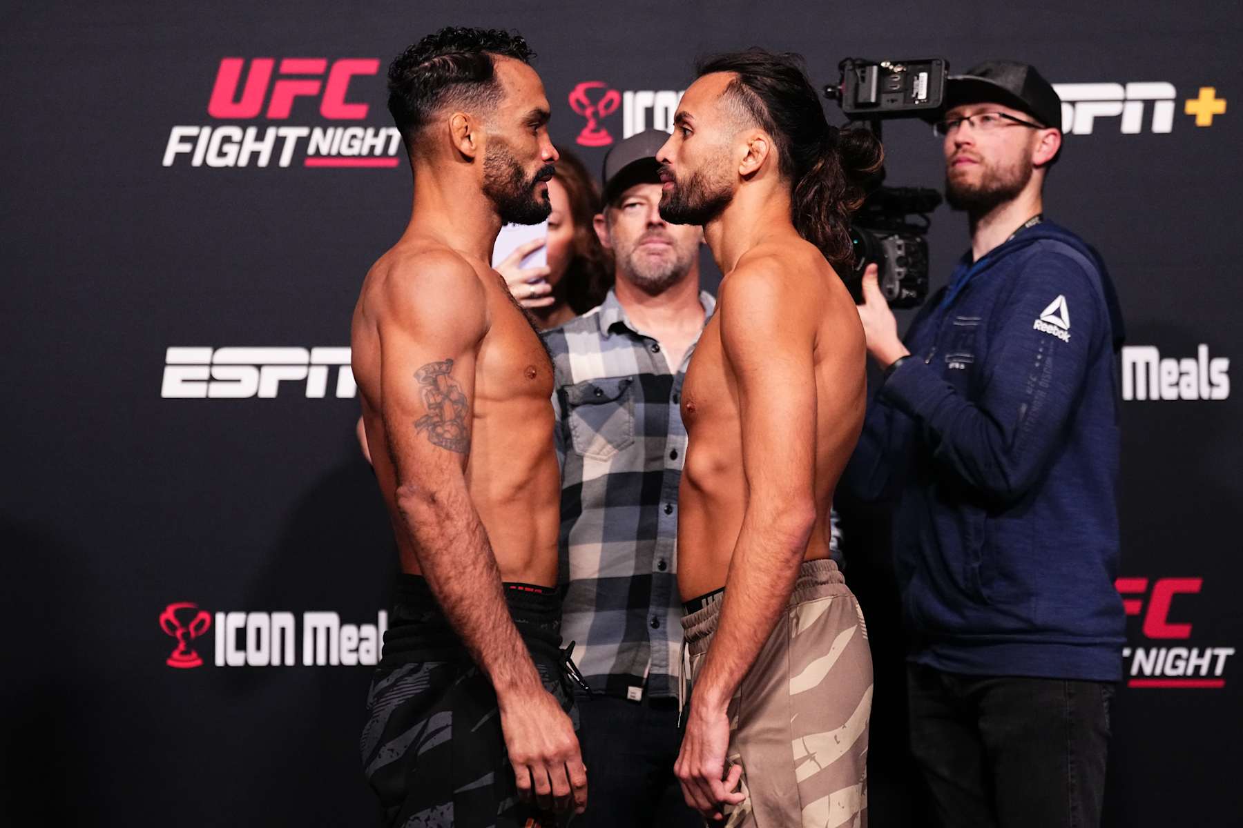 LAS VEGAS, NEVADA - OCTOBER 18: (L-R) Opponents Rob Font and Kyler Phillips face off during the UFC Fight Night weigh-in at UFC APEX on October 18, 2024 in Las Vegas, Nevada. (Photo by Jeff Bottari/Zuffa LLC)